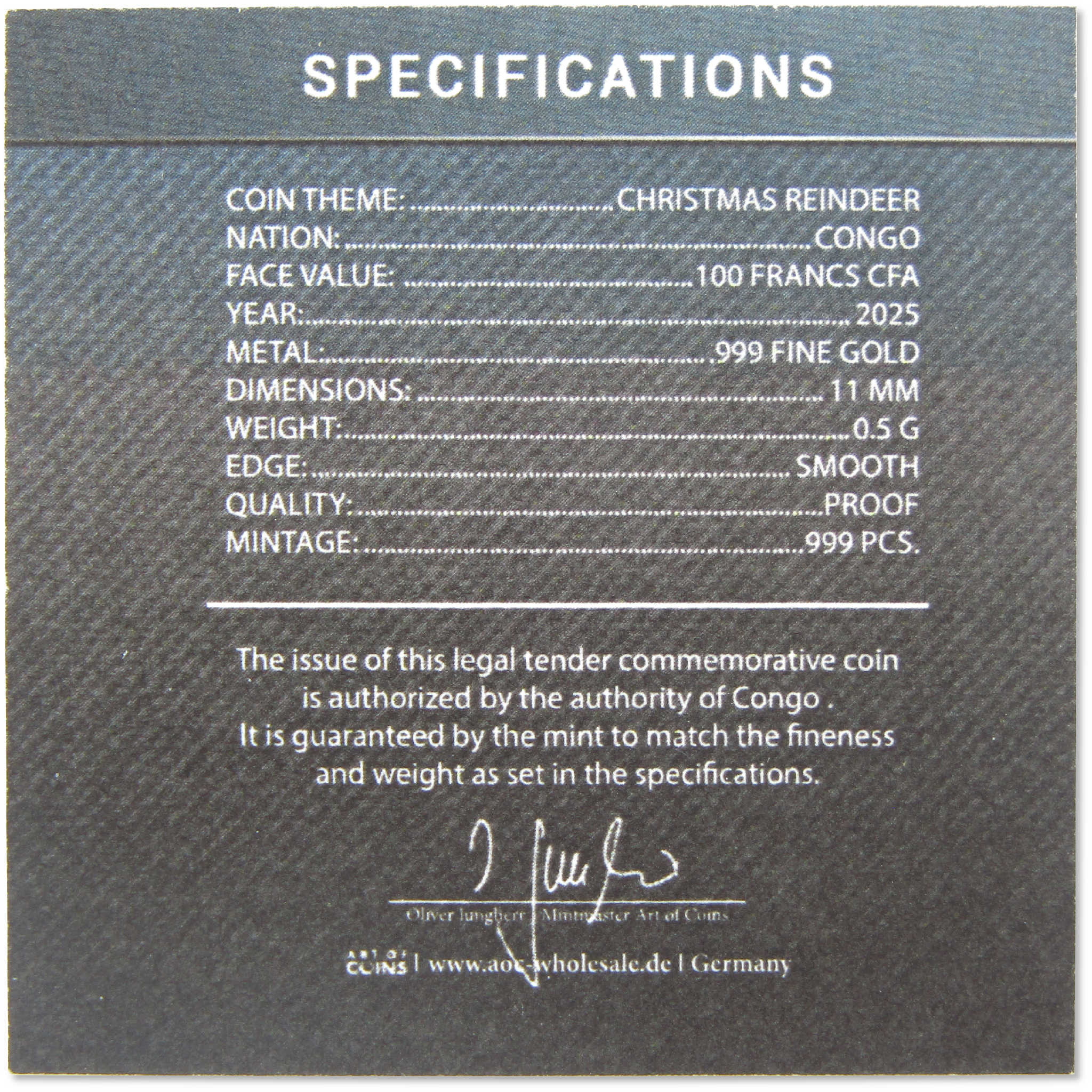 Christmas Reindeer 100 Franc CFA 1/2 g Gold Proof 2025 Congo COA