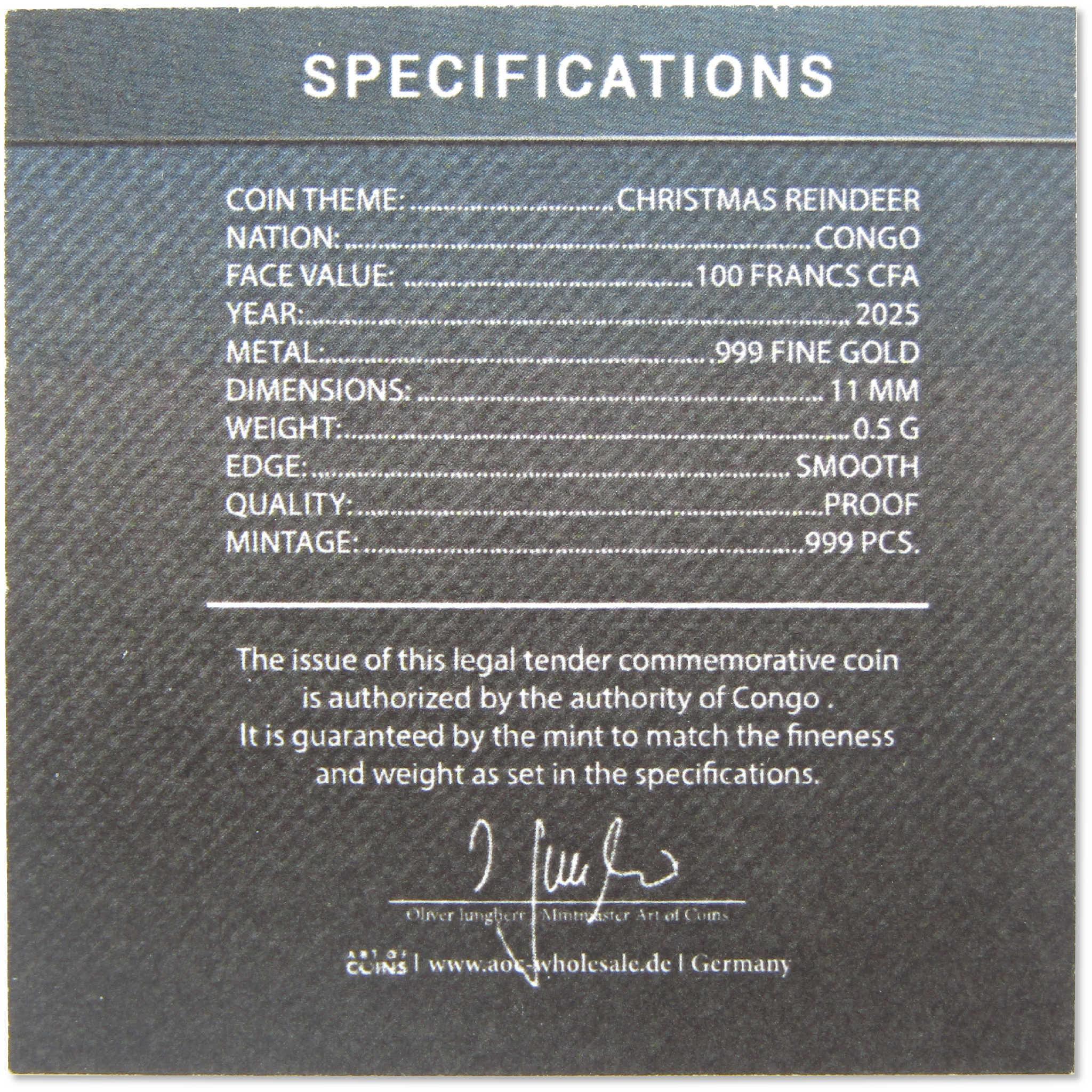 Christmas Reindeer 100 Franc CFA 1/2 g Gold Proof 2025 Congo COA