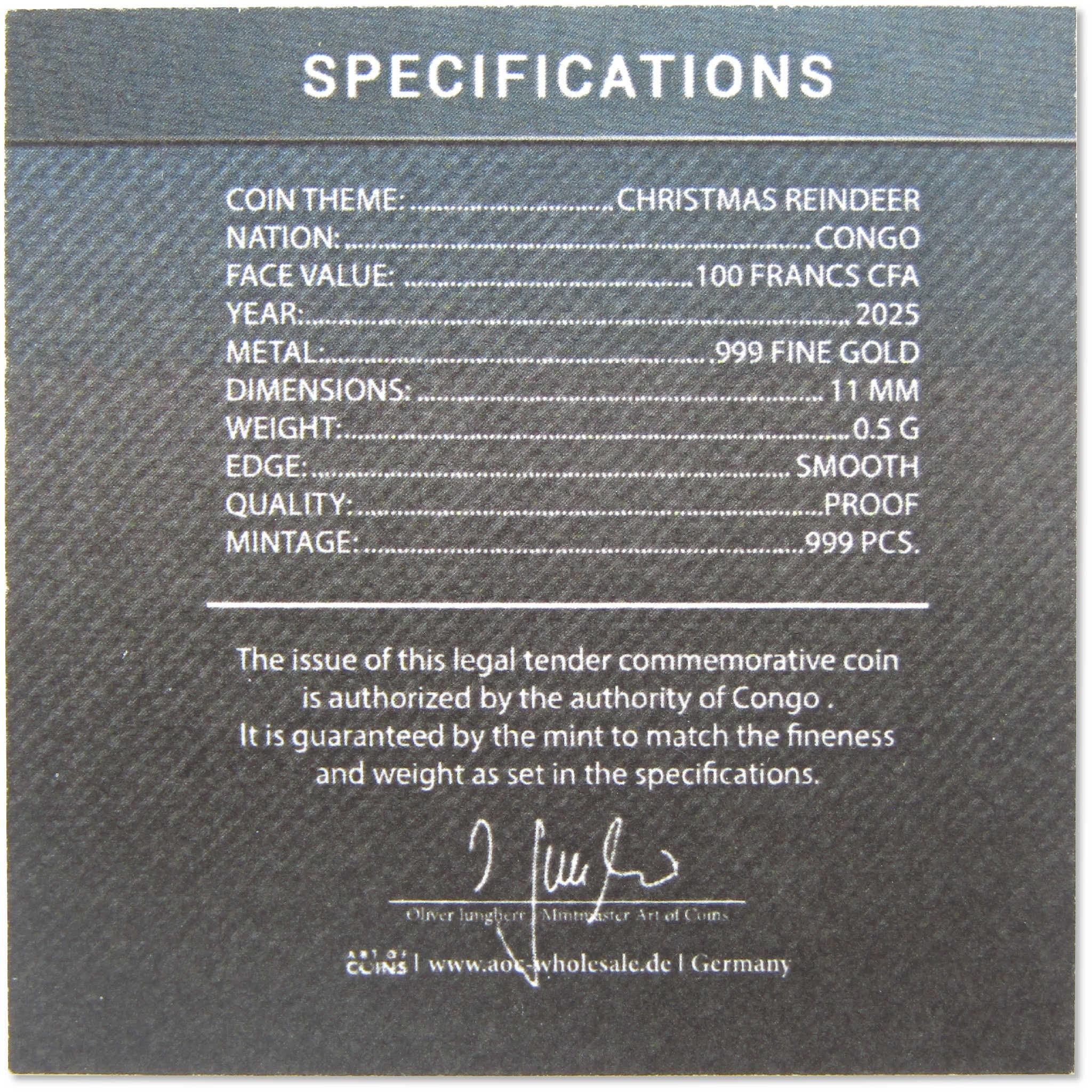 Christmas Reindeer 100 Franc CFA 1/2 g Gold Proof 2025 Congo COA