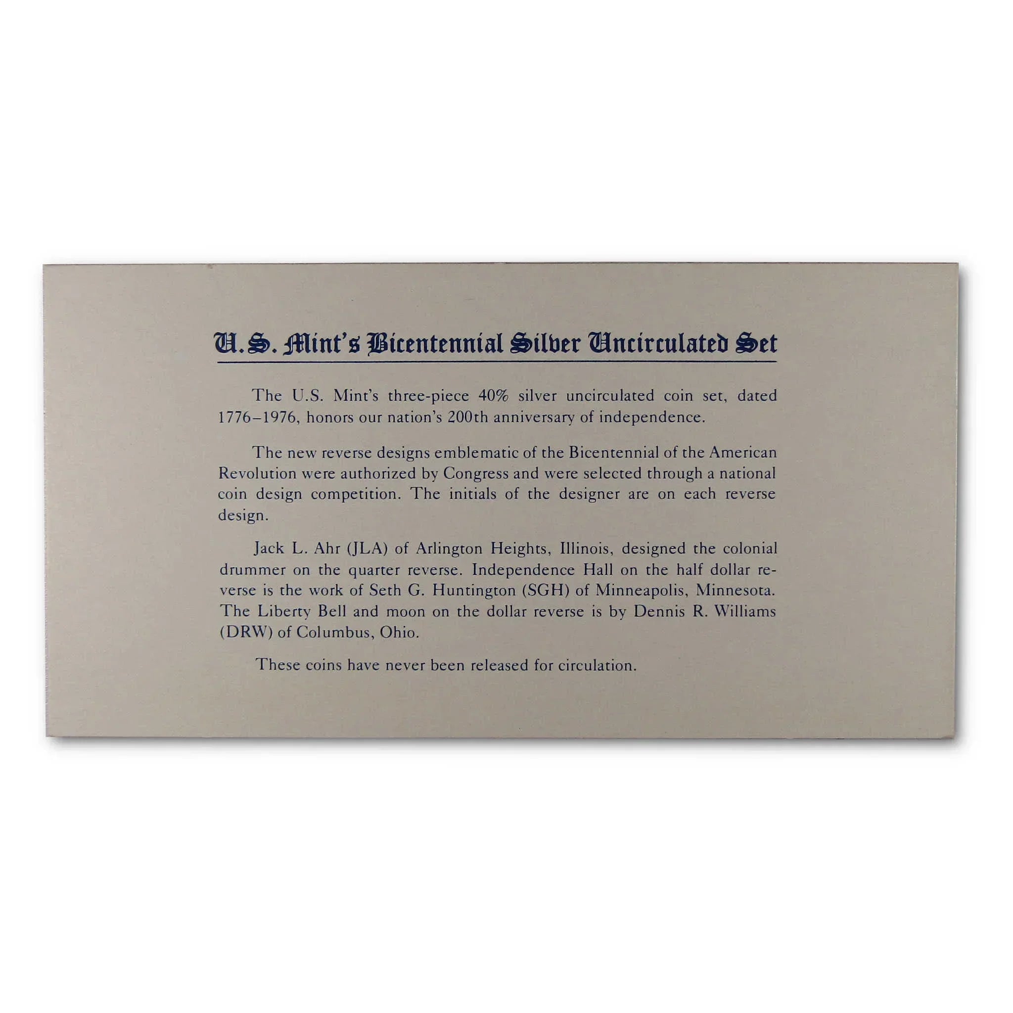 U.S. Mint Bicentennial Silver Uncirculated Set info card for collectible coins