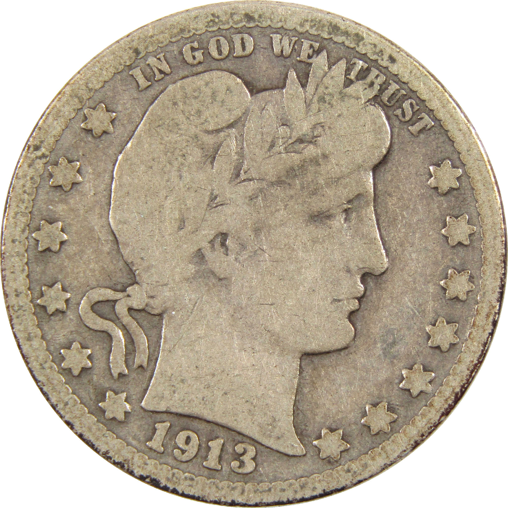 1913 Barber Quarter VG Very Good Silver 25c Coin SKU:I11432