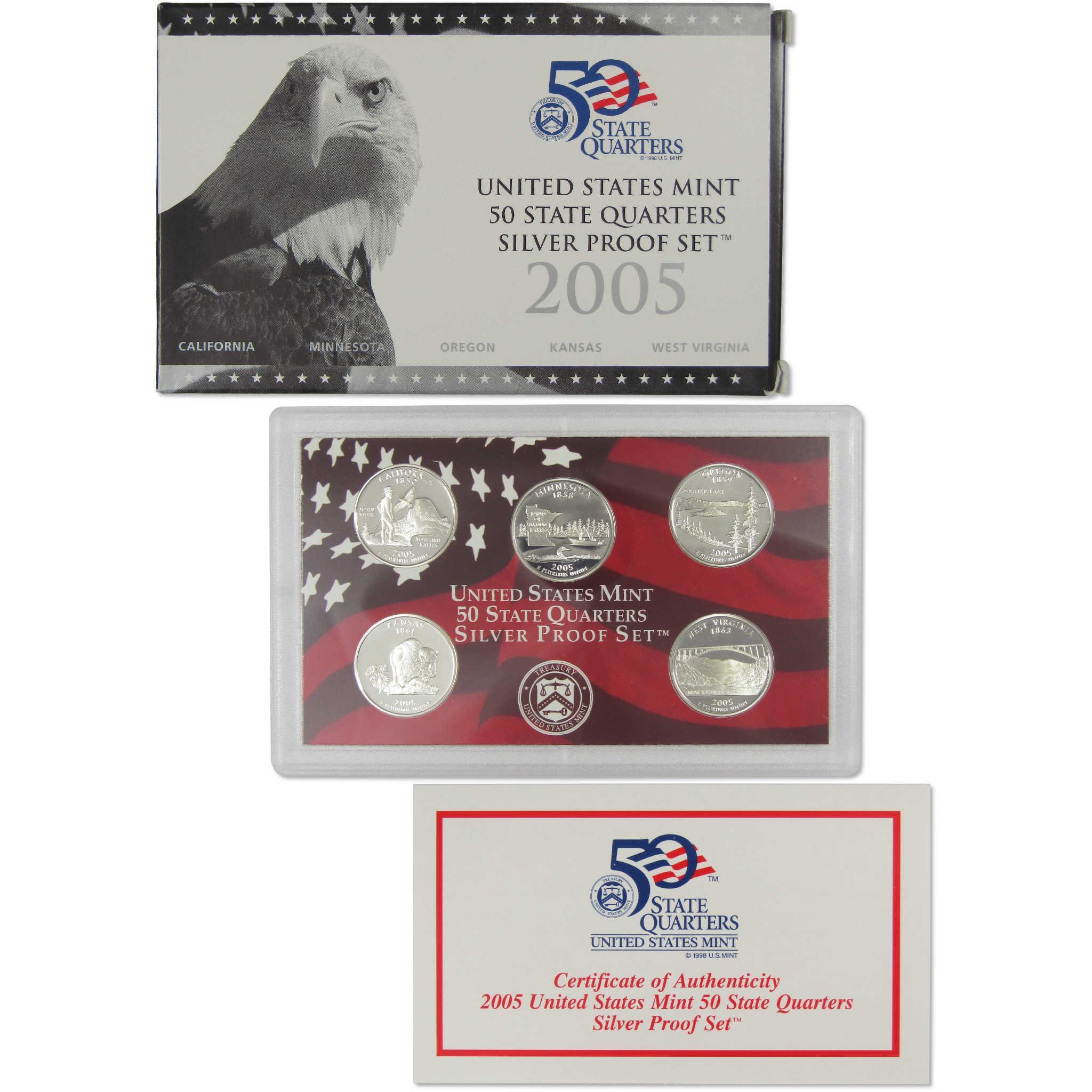 2005 State Quarter Silver Proof Set U.S. Mint Packaging OGP COA