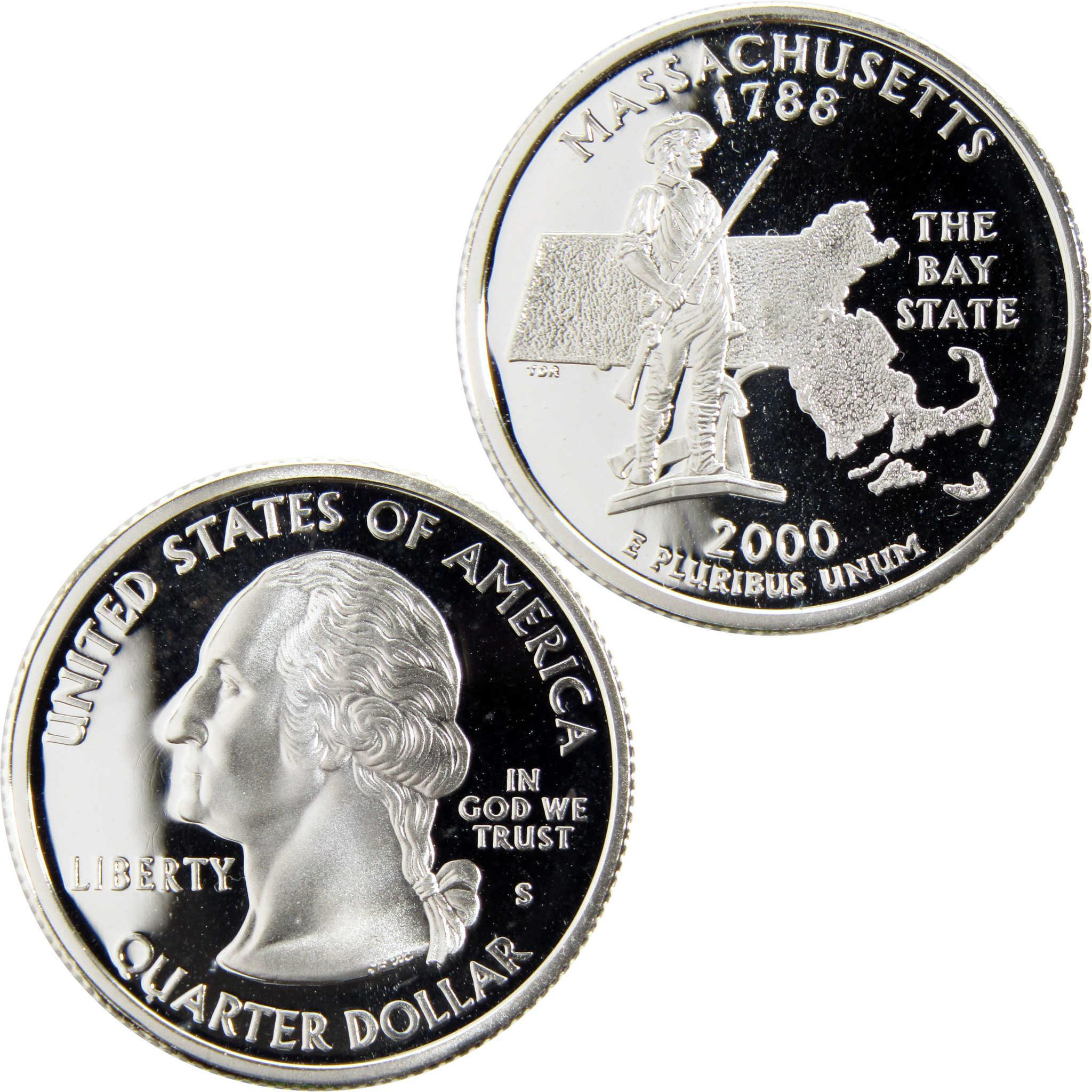 2000 Massachusetts state quarter dollar coin, collectible proof with detailed engravings