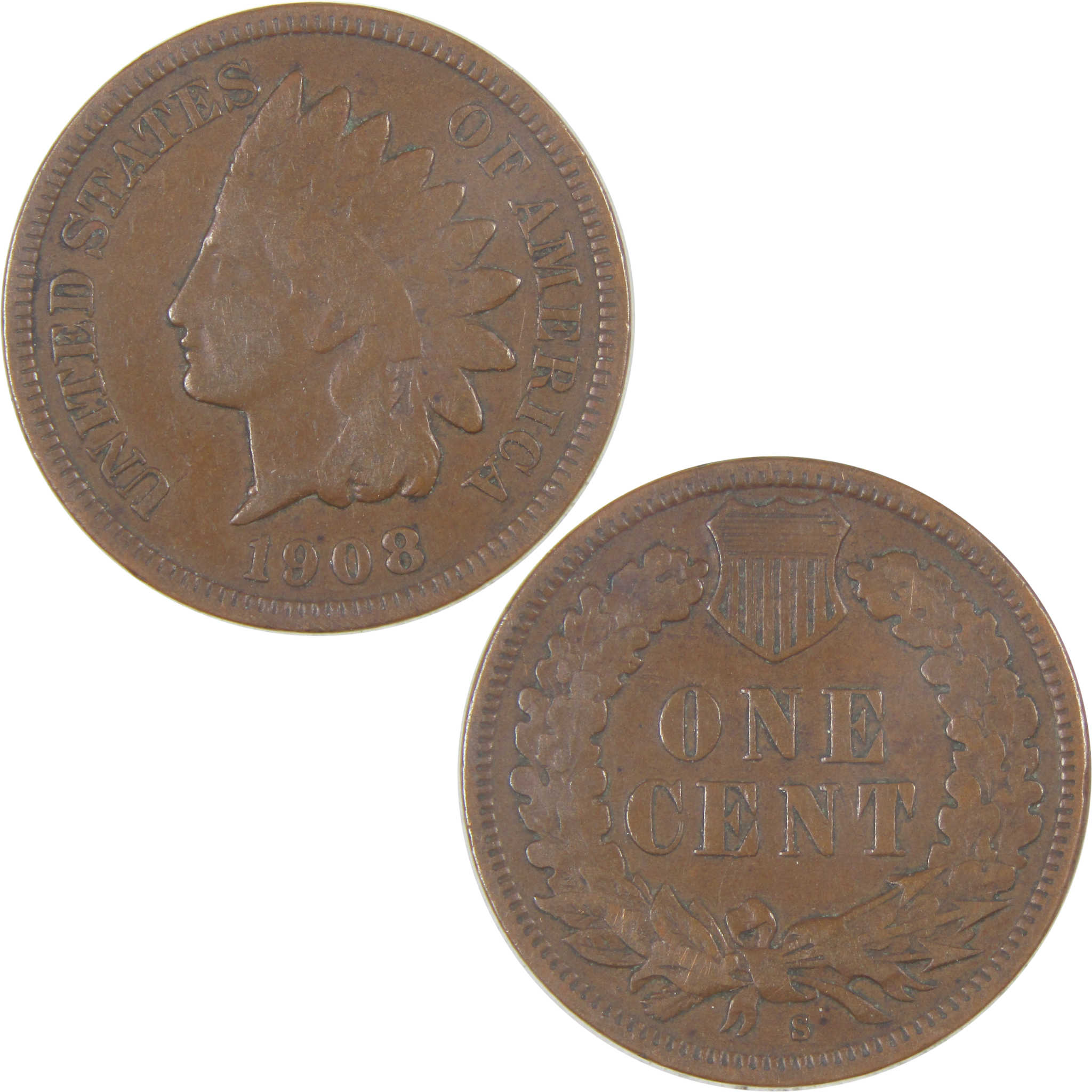 1908 S Indian Head Cent F Fine Penny 1c Coin SKU:I16849