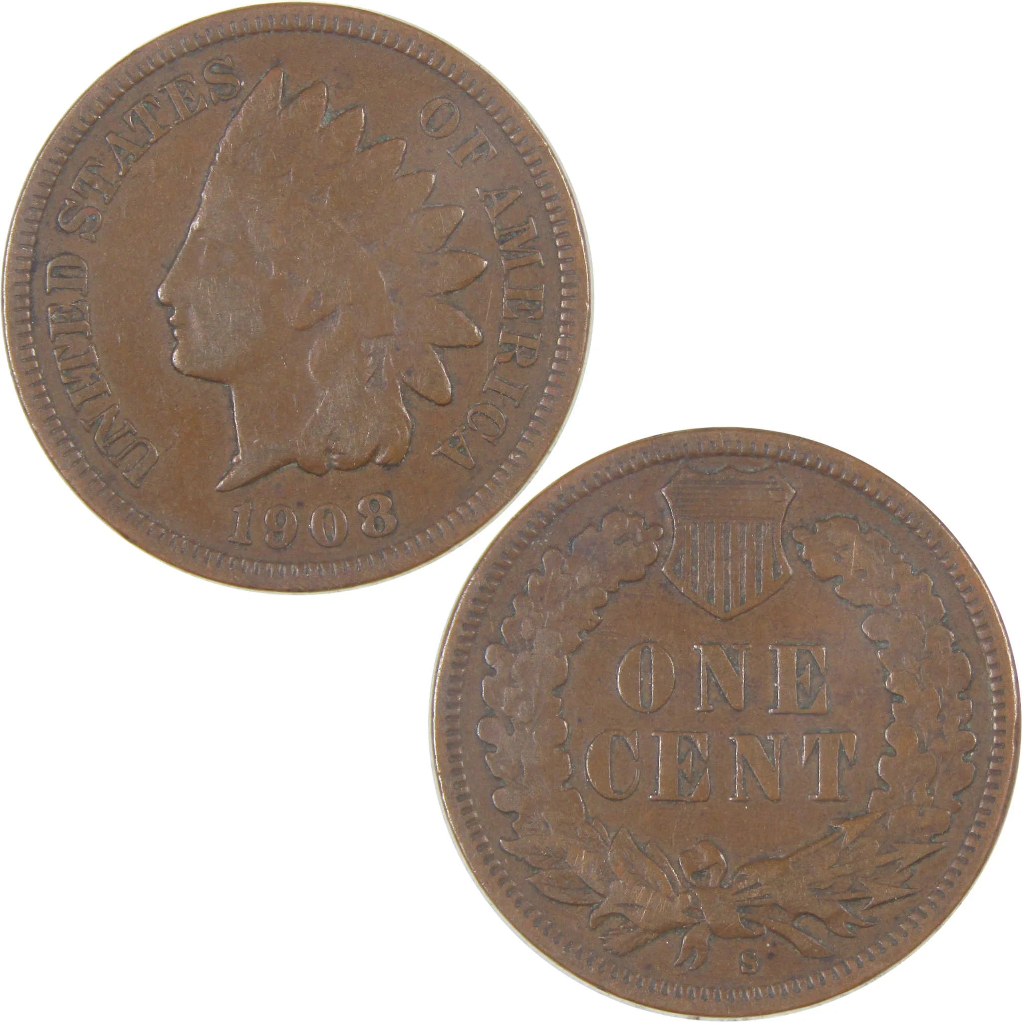 1908 S Indian Head Cent F Fine Penny 1c Coin SKU:I16849