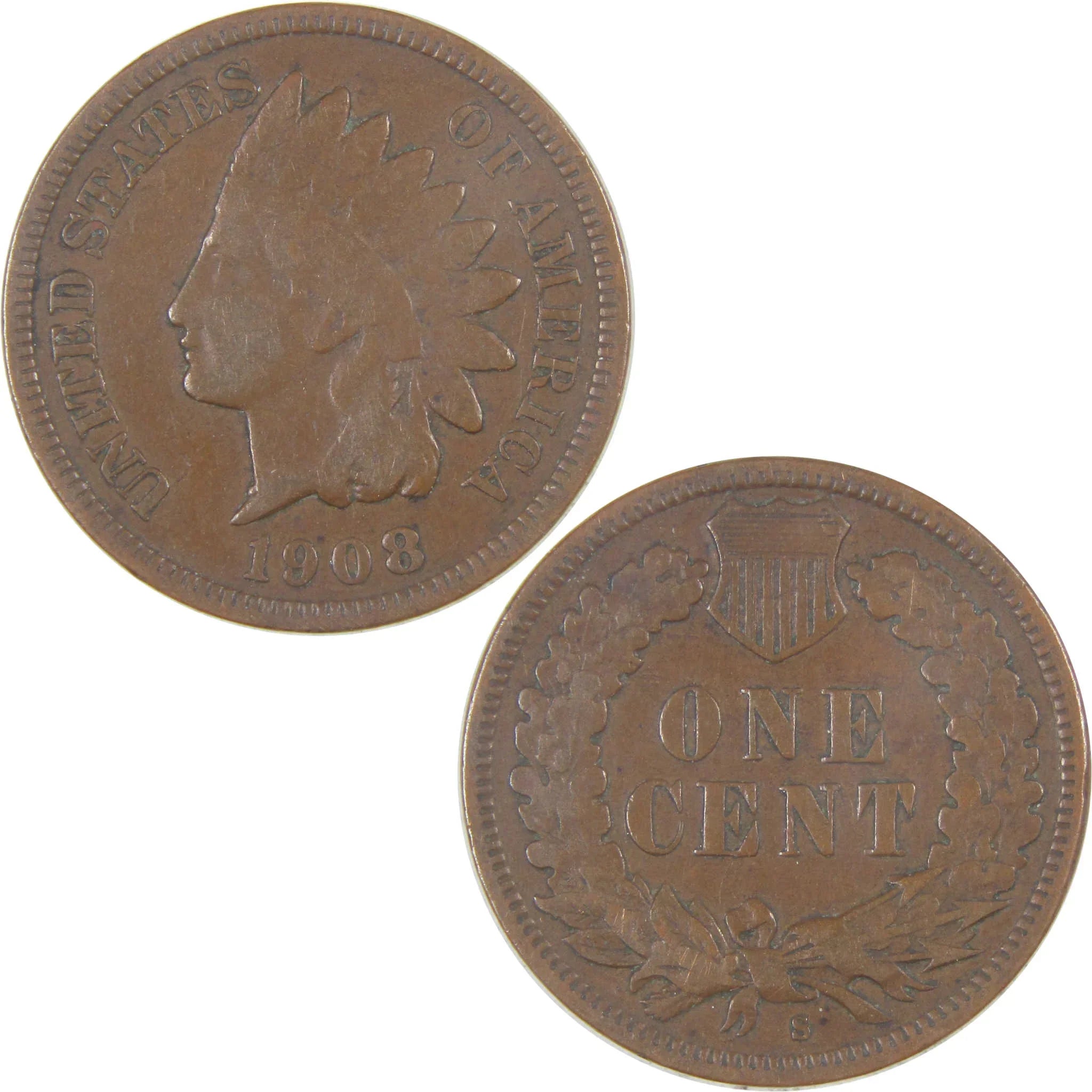 1908 S Indian Head Cent F Fine Penny 1c Coin SKU:I16849