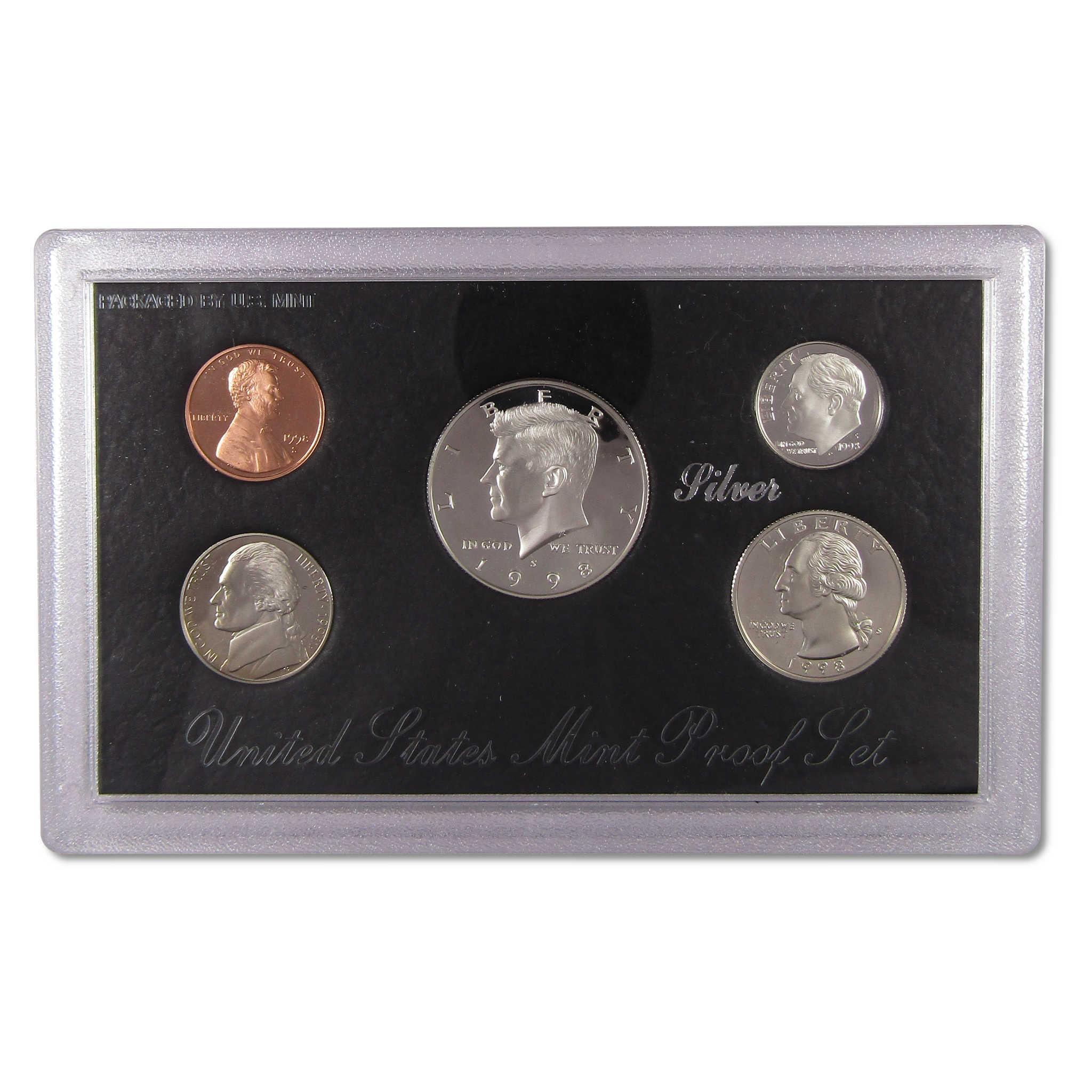 1998 United States Mint proof coin set in display case, collectible silver coins