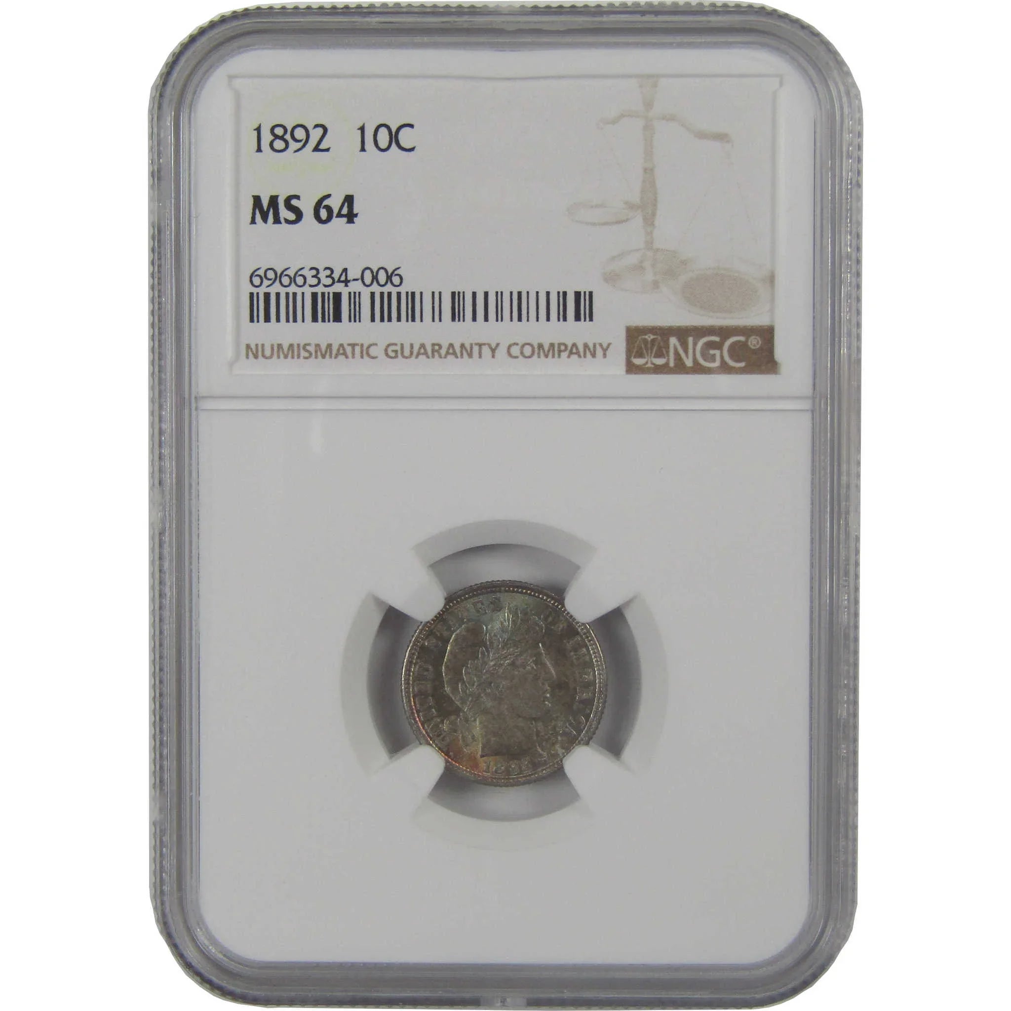 1892 Barber Silver Dime MS 64 NGC Uncirculated 10c Coin Collectible