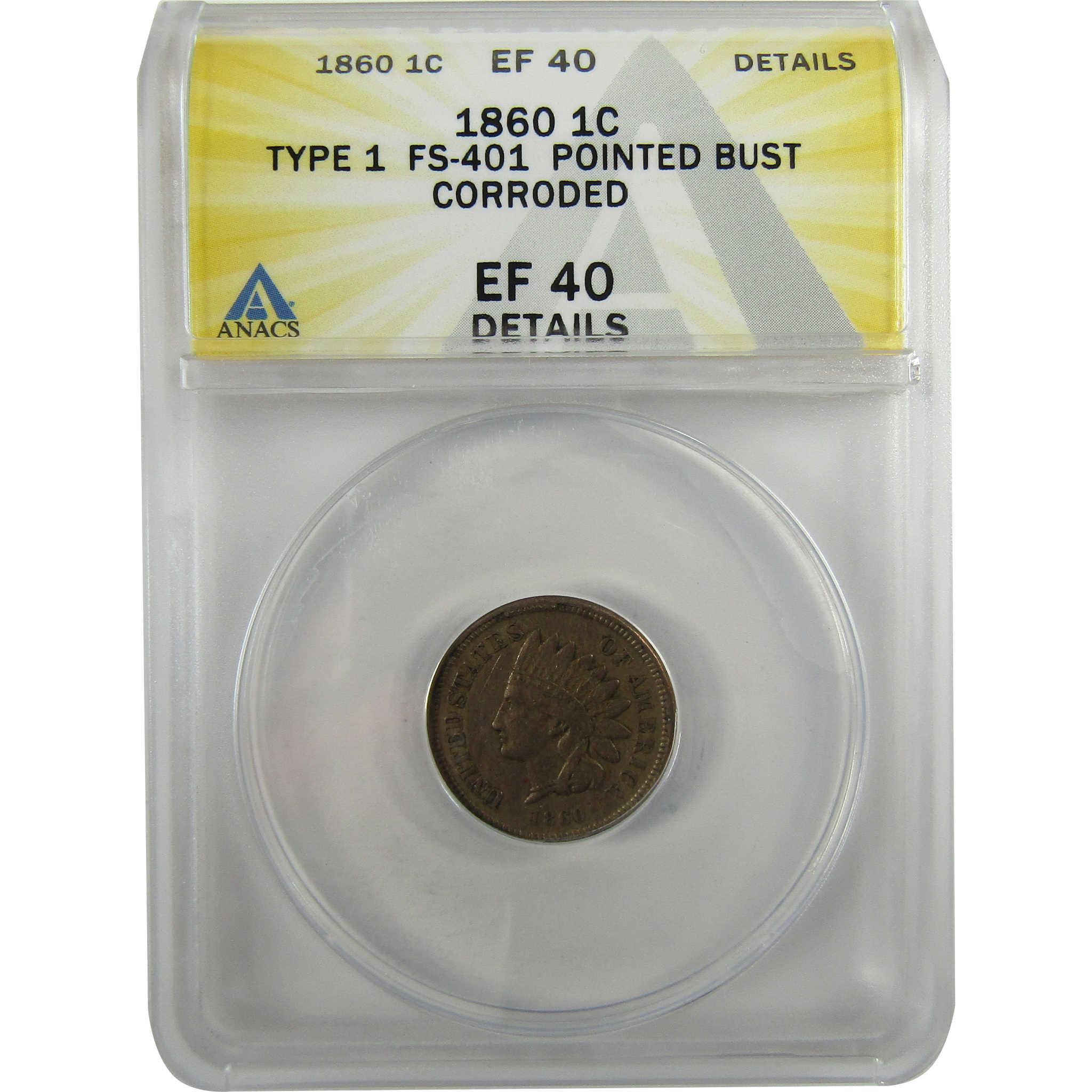 1860 Pointed Bust FS-401 Indian Head 1c EF 40 Details ANACS SKU:I28062
