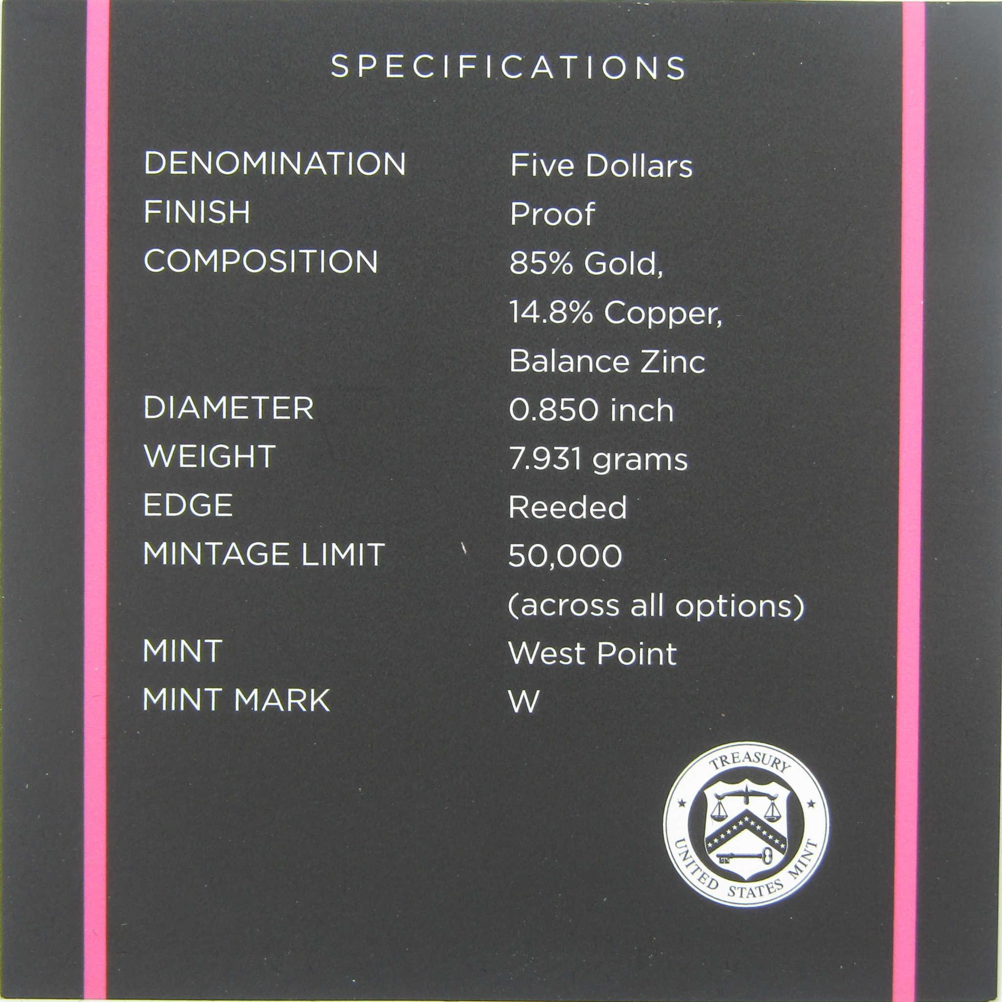2018 W Breast Cancer Awareness Commemorative Gold Proof OGP COA