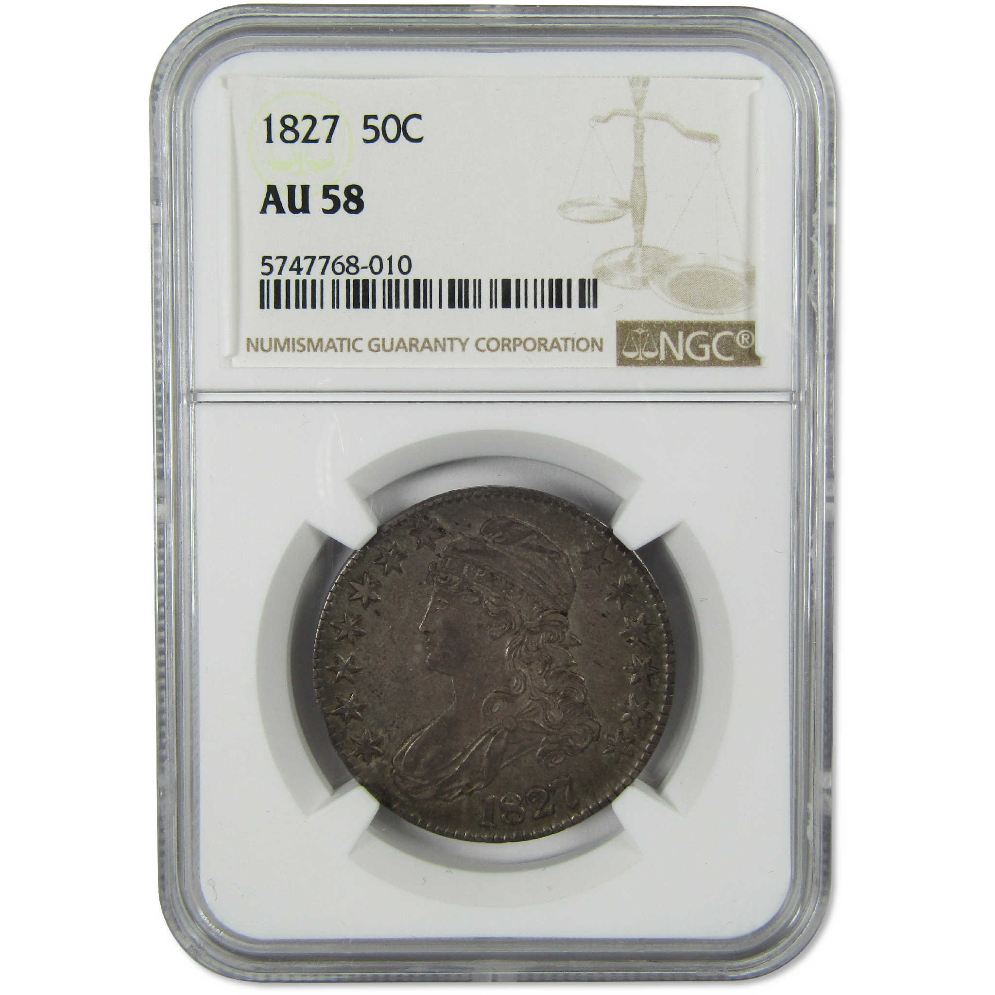 1827 Square Base 2 Capped Bust Silver Half Dollar AU 58 NGC 50c Coin