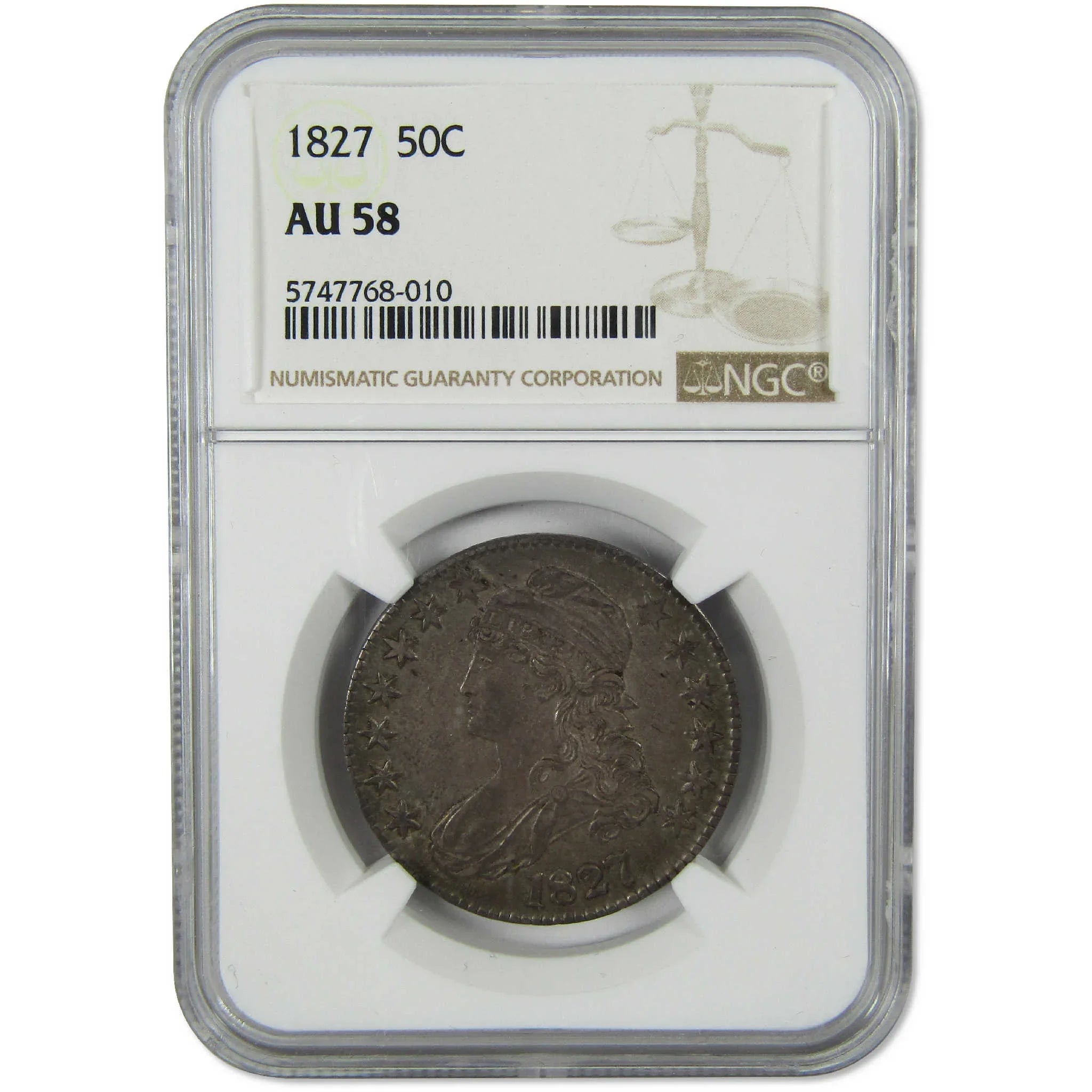 1827 Square Base 2 Capped Bust Silver Half Dollar AU 58 NGC 50c Coin