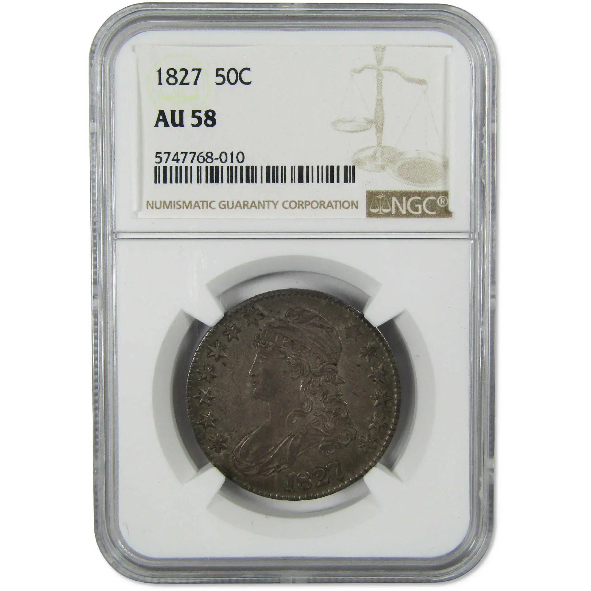 1827 Square Base 2 Capped Bust Silver Half Dollar AU 58 NGC 50c Coin