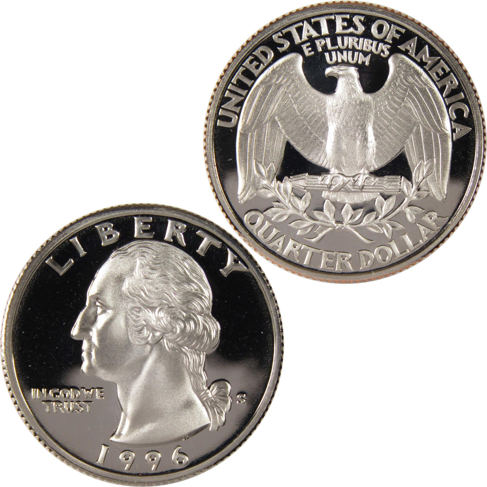 1996 United States proof quarter dollar coin, obverse and reverse sides shown.