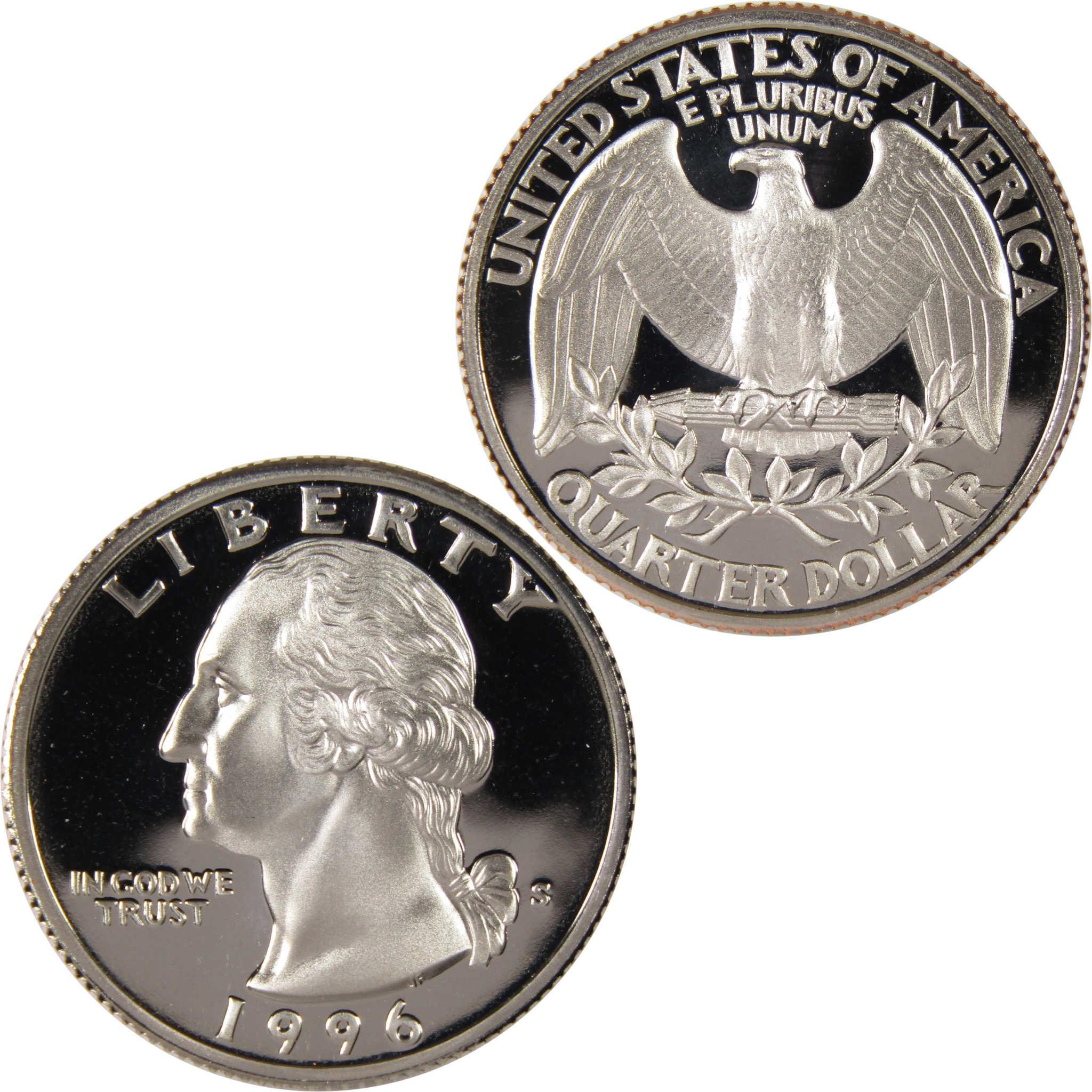 1996 United States proof quarter dollar coin, obverse and reverse sides shown.