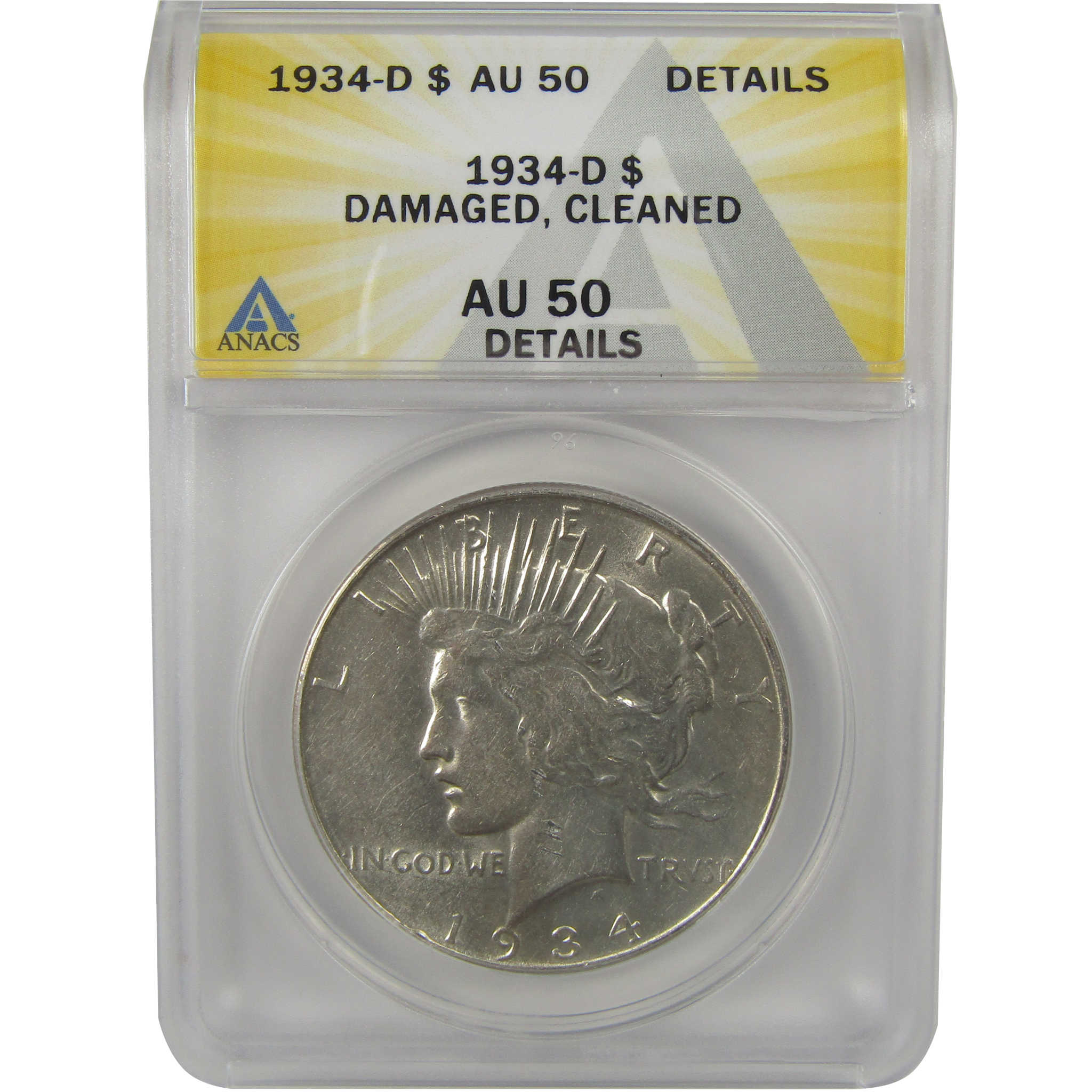 1934 D Peace Dollar AU 50 Details ANACS Silver $1 Coin SKU:I22373