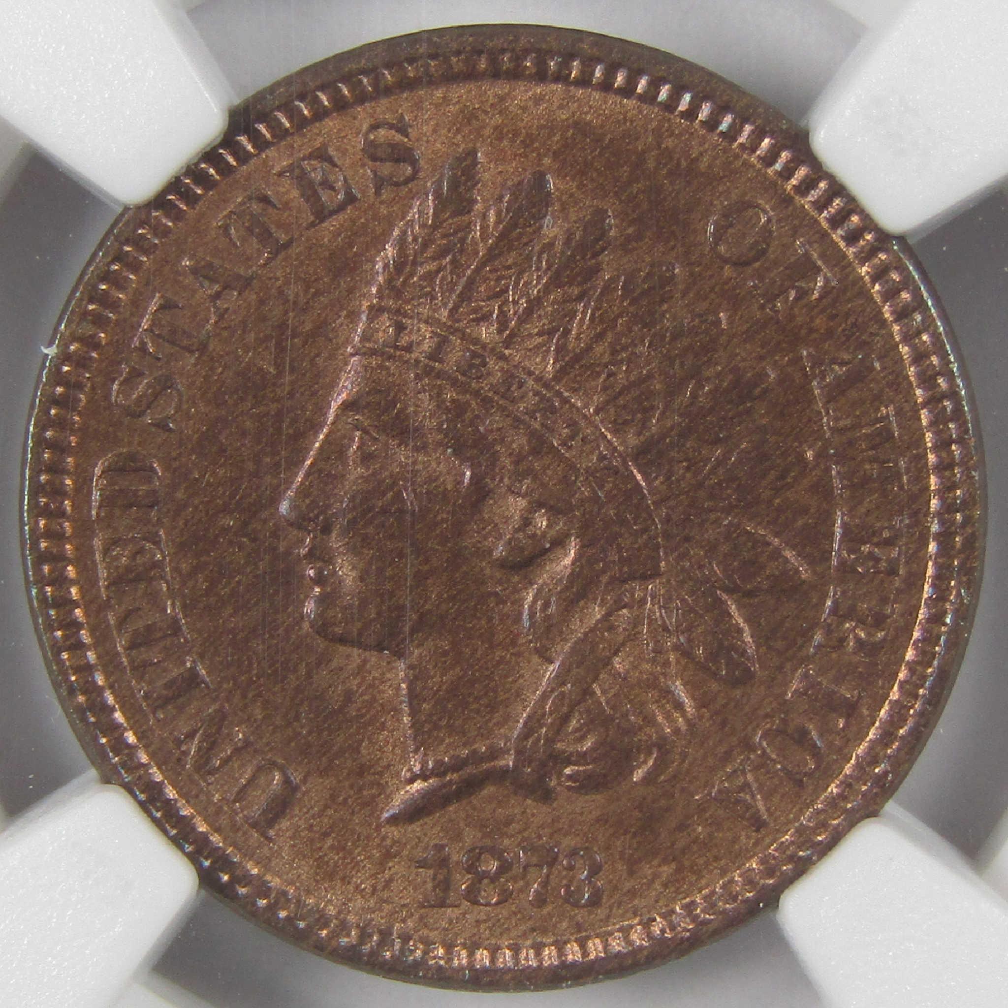 1873 Open 3 Indian Head Cent MS 63 RB NGC Penny Uncirculated 1c Coin