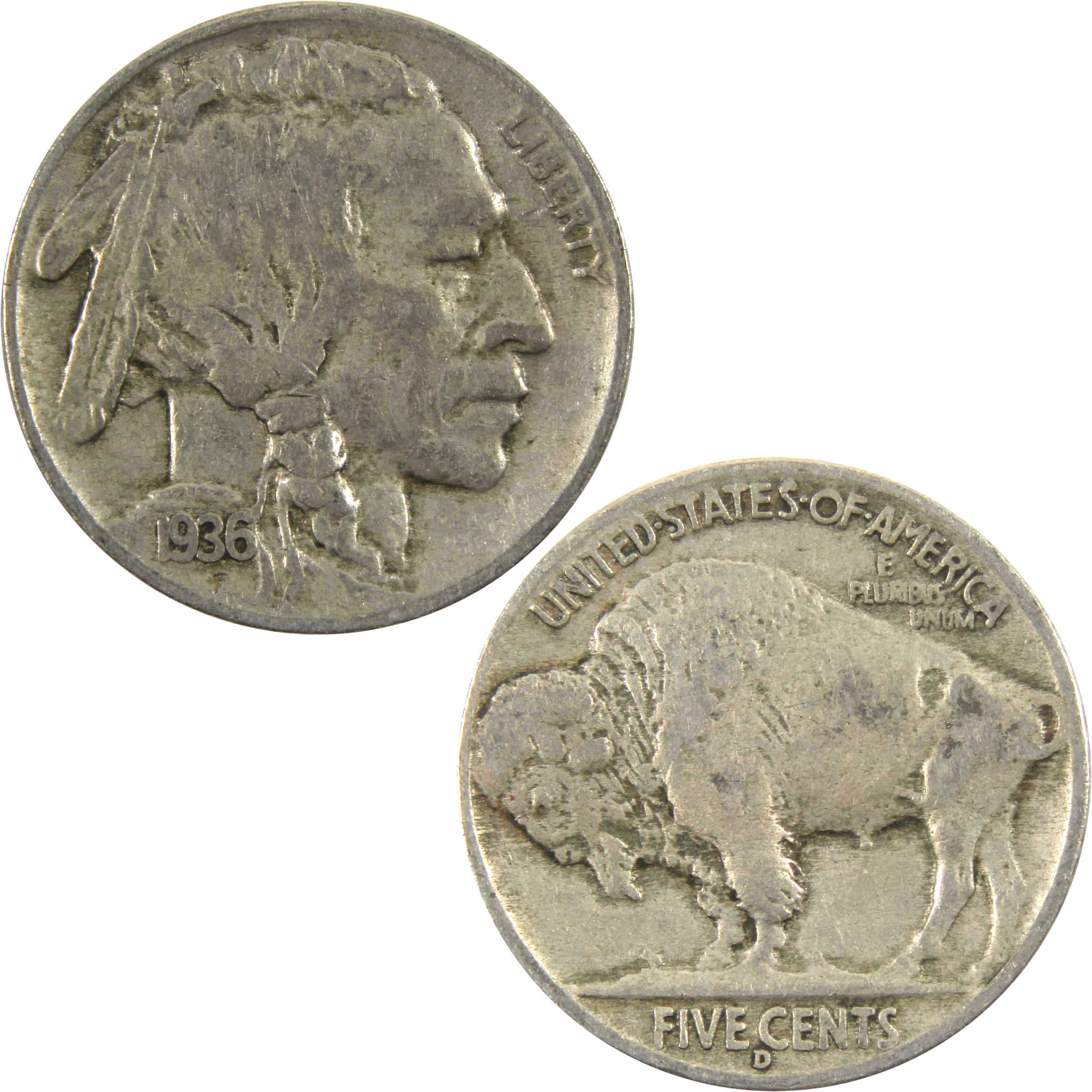 1936 D Indian Head Buffalo Nickel F Fine 5c Coin