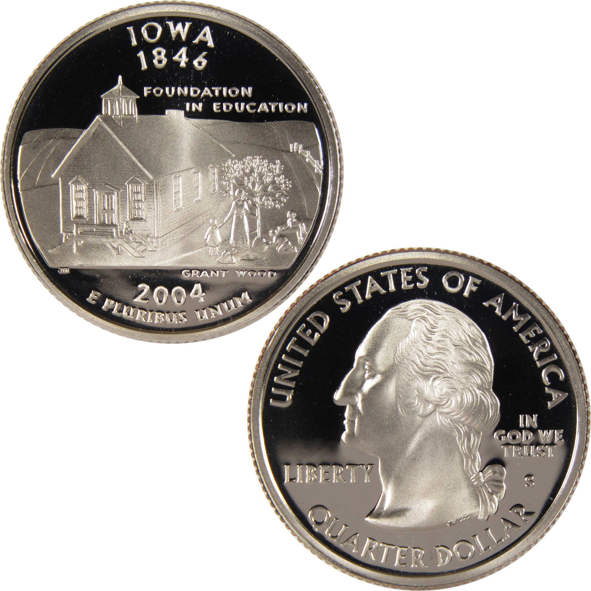 2004 Iowa state quarter collectible coin featuring George Washington and a schoolhouse scene