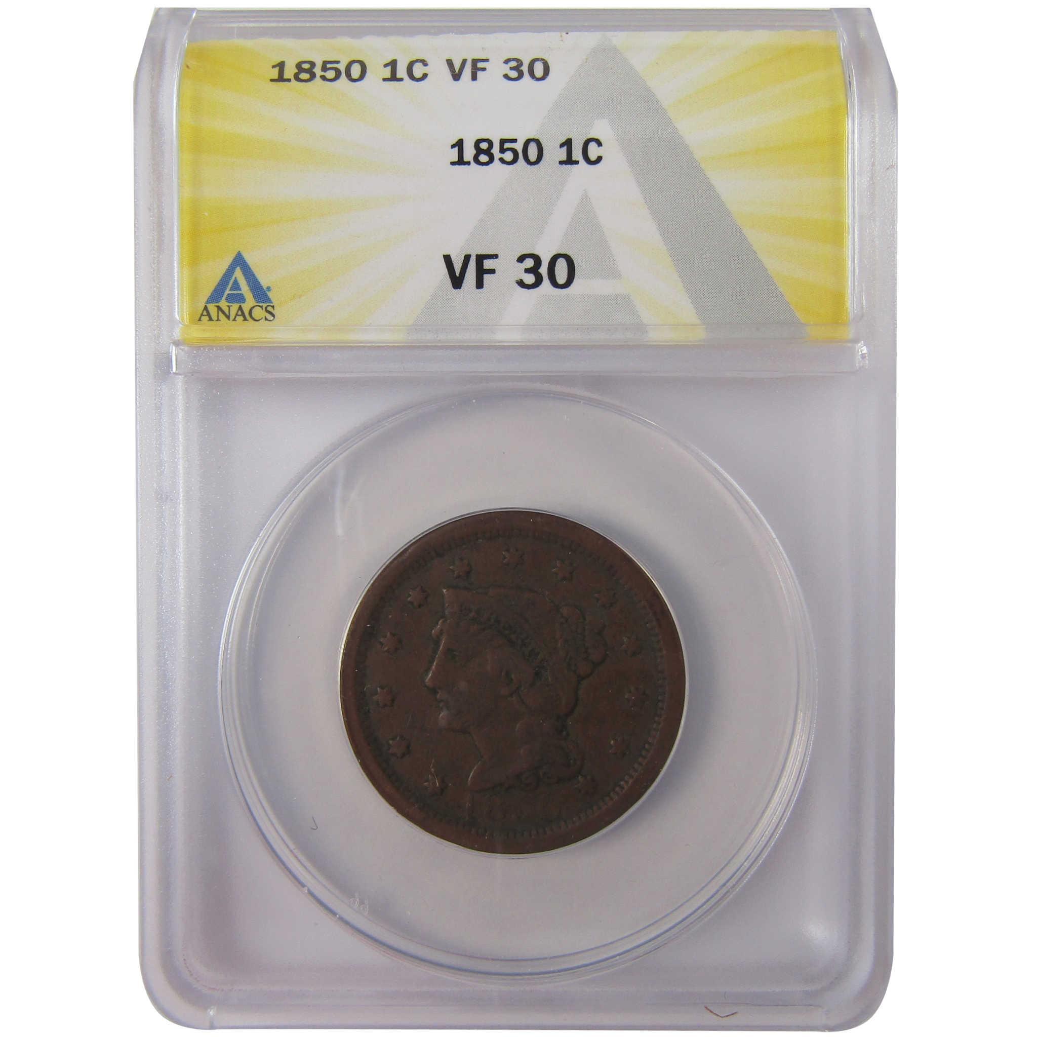 1850 Braided Hair Copper Large Cent VF 30 ANACS Penny SKU:I25622