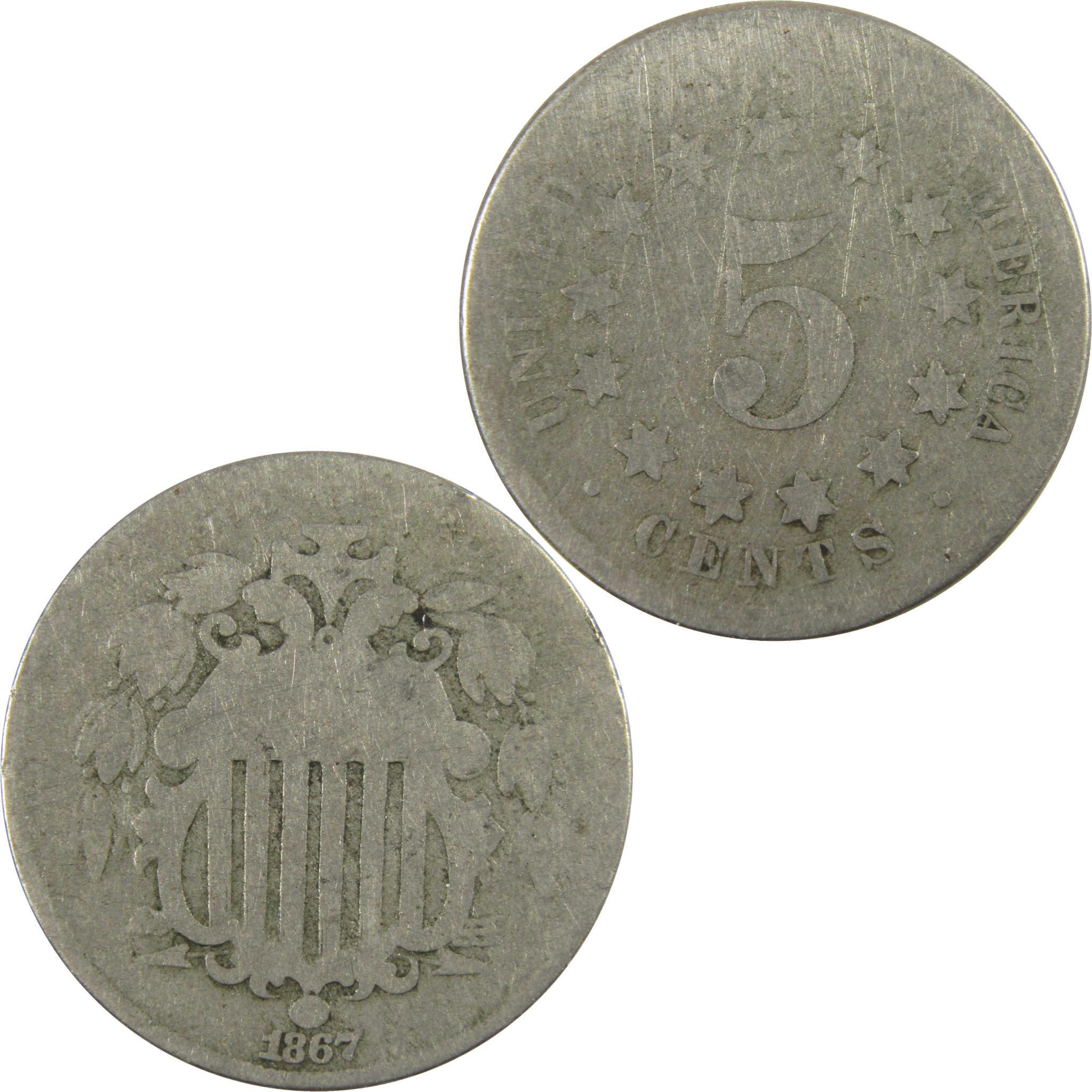 1867 No Rays Shield Nickel AG About Good 5c Coin SKU:I28221