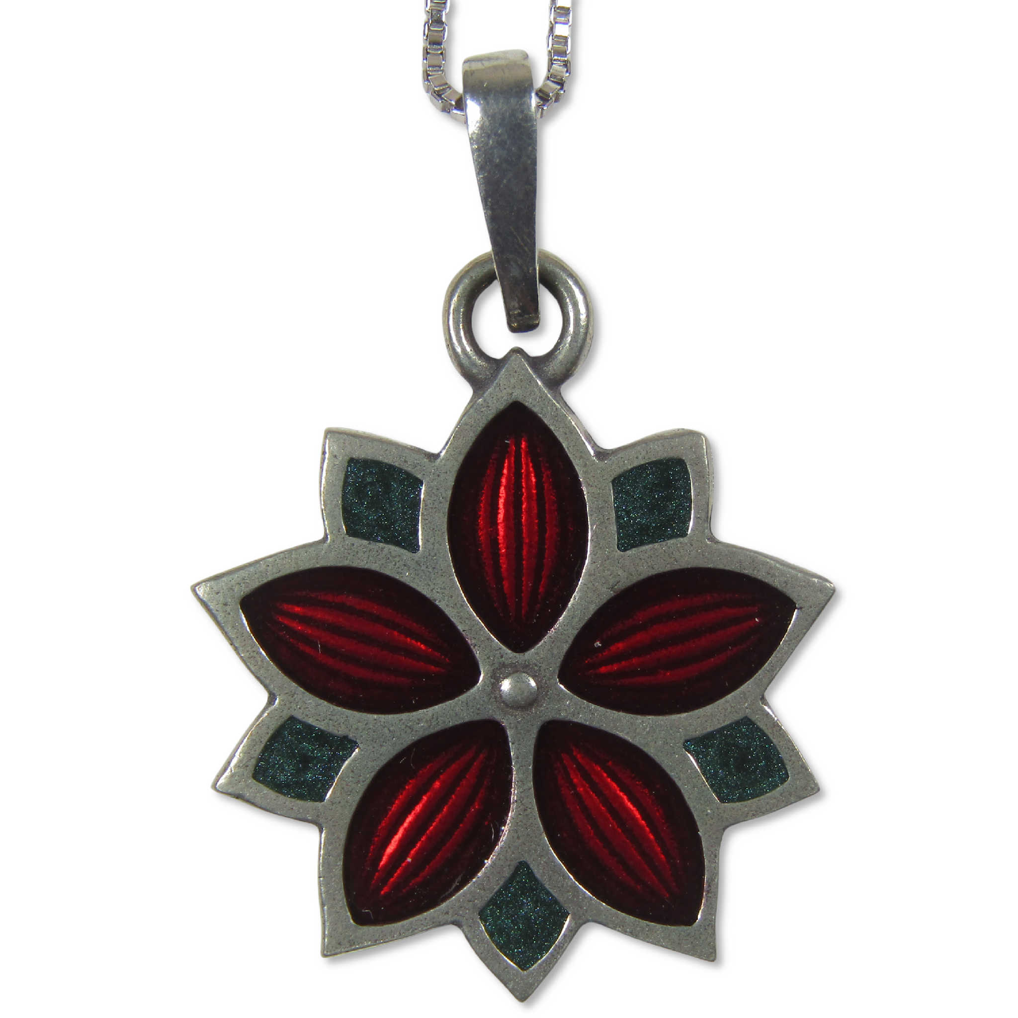 Poinsettia Starburst Pewter Necklace with Sterling Silver Chain