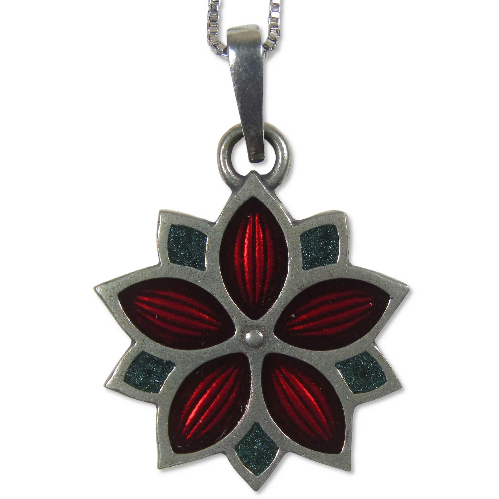 Poinsettia Starburst Pewter Necklace with Sterling Silver Chain