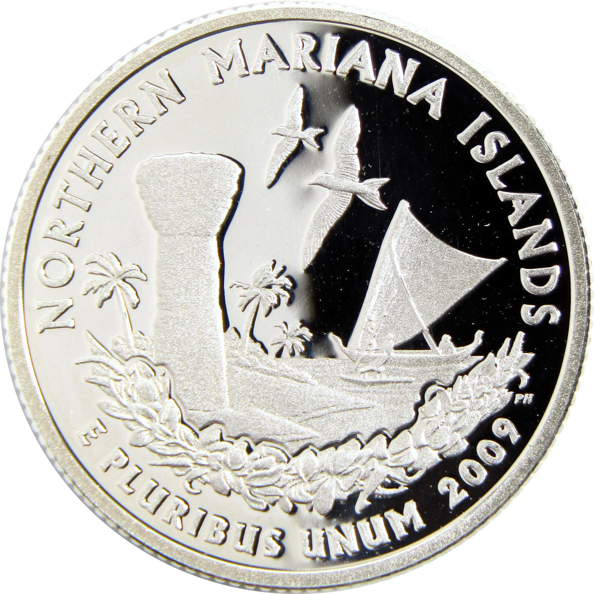 2009 Northern Mariana Islands collectible coin with latte stone, sailboat, palm trees, seabirds