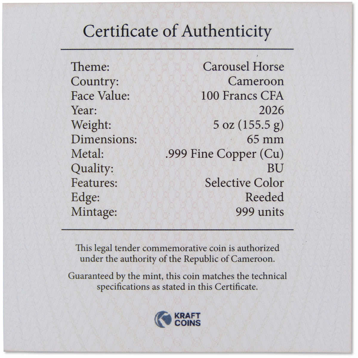 2026 Cameroon 5 oz Copper Merry Christmas Carousel Horse BU