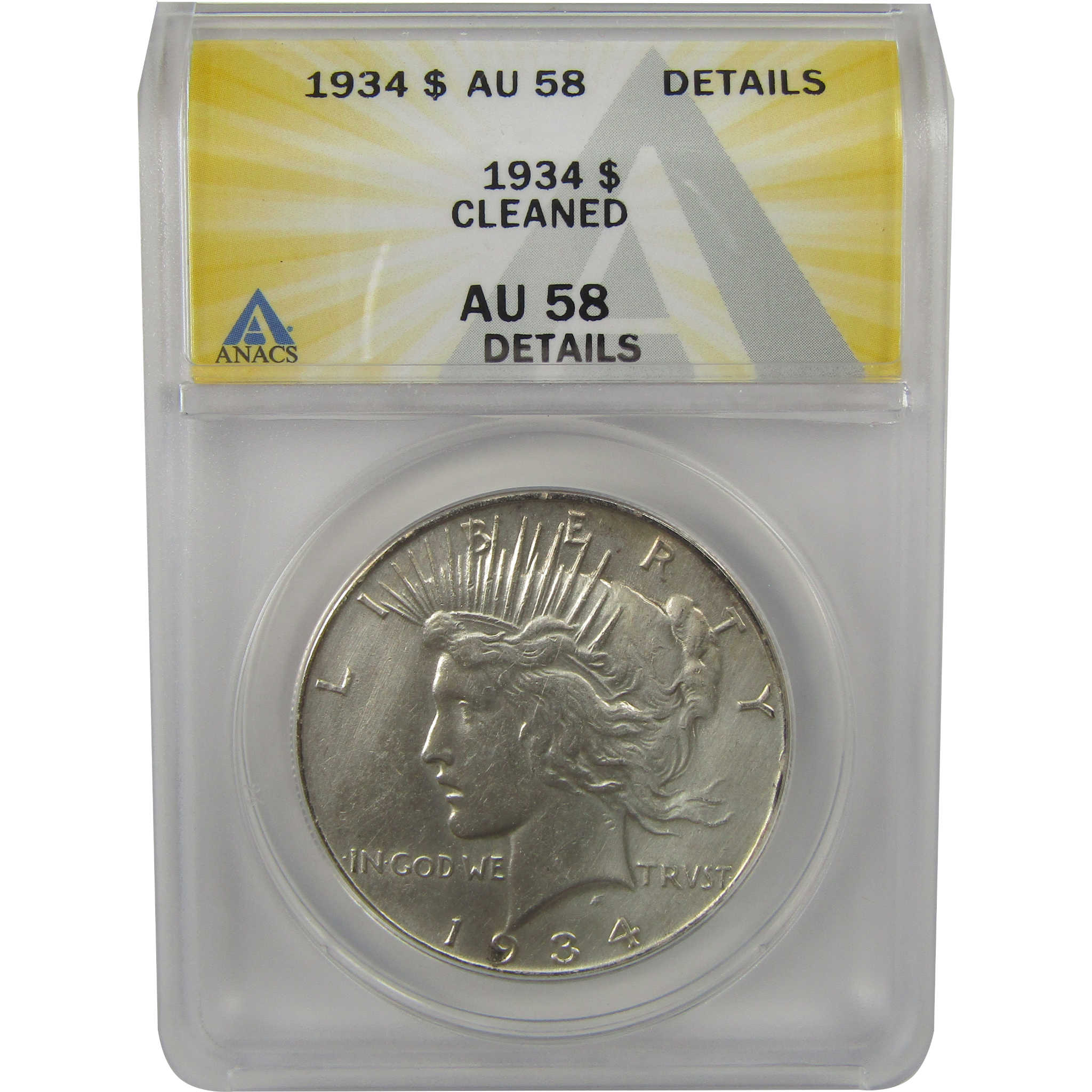 1934 Peace Dollar AU 58 Details ANACS Silver $1 Coin SKU:I22375