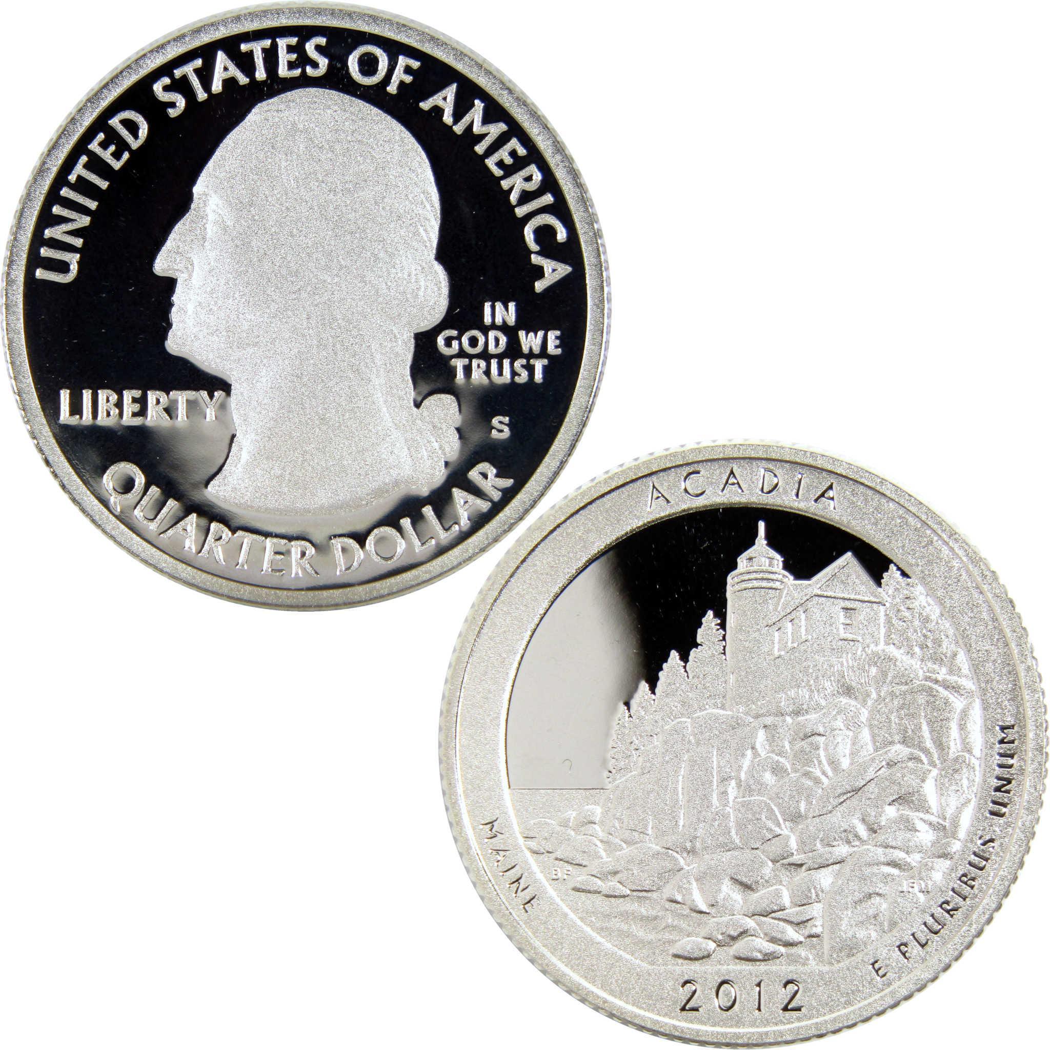 2012 Acadia National Park proof silver quarter featuring lighthouse and George Washington profile