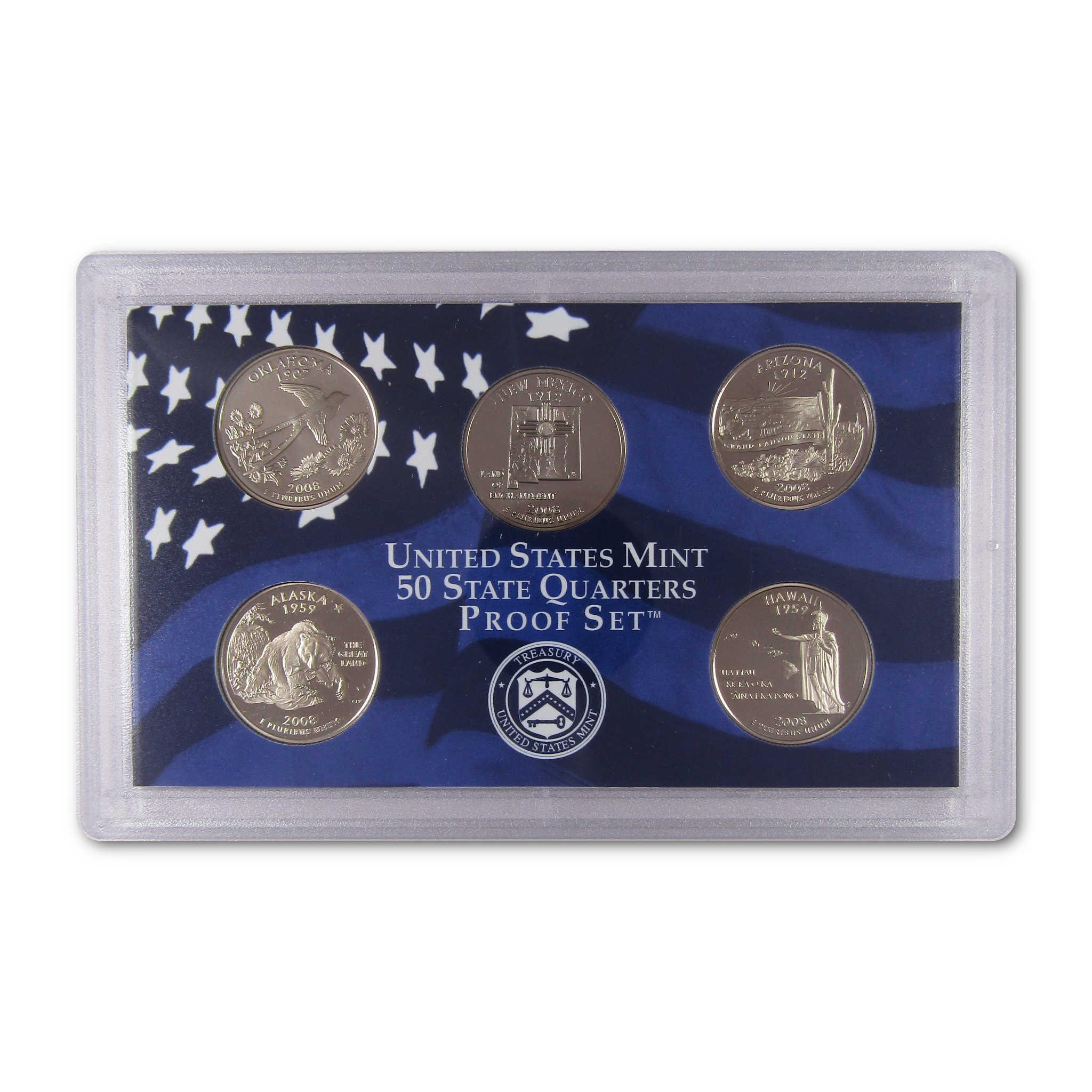 United States Mint 50 State Quarters proof set in display case with five collectible coins