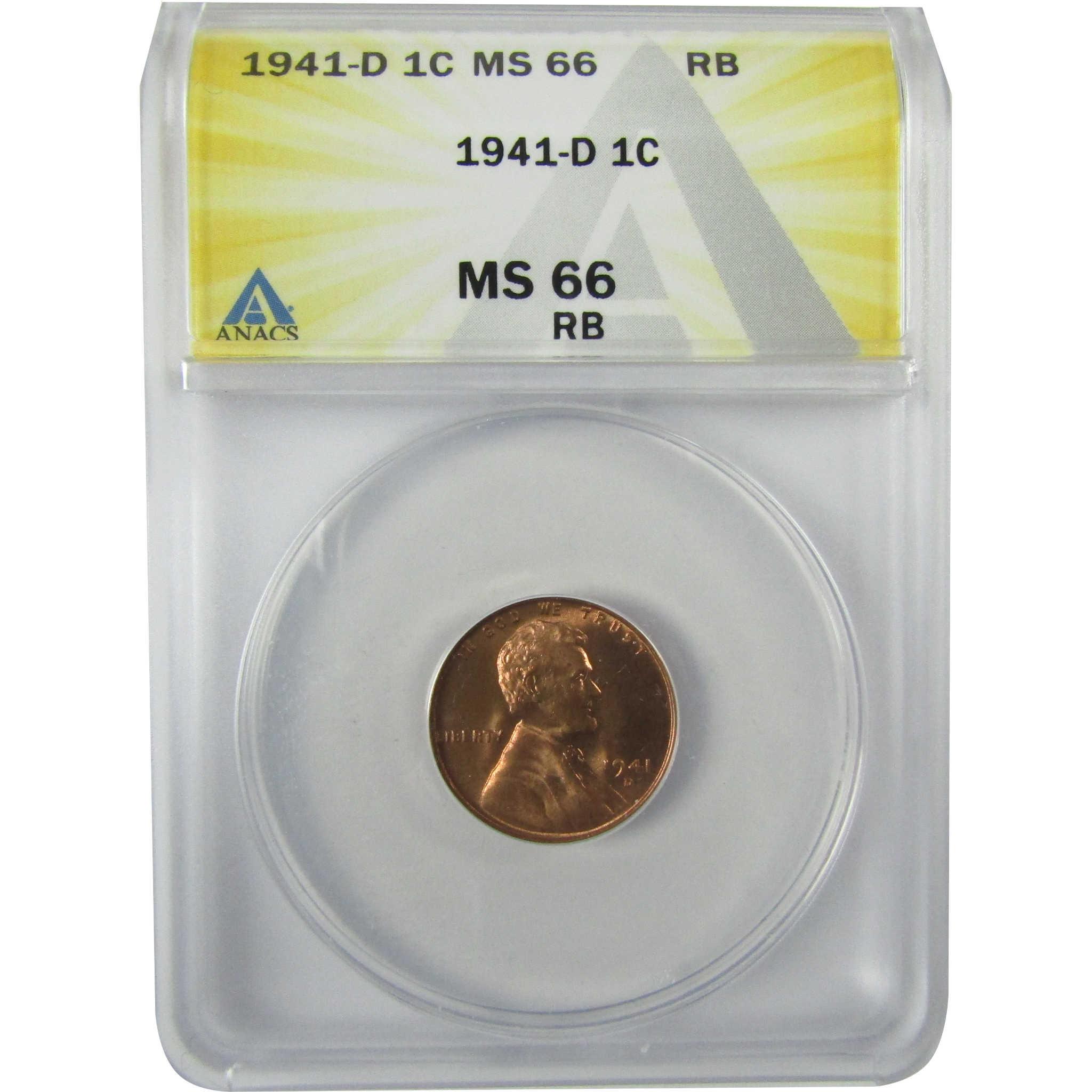 1941 D Lincoln Wheat Cent MS 66 RB ANACS Penny Uncirculated SKU:I27927