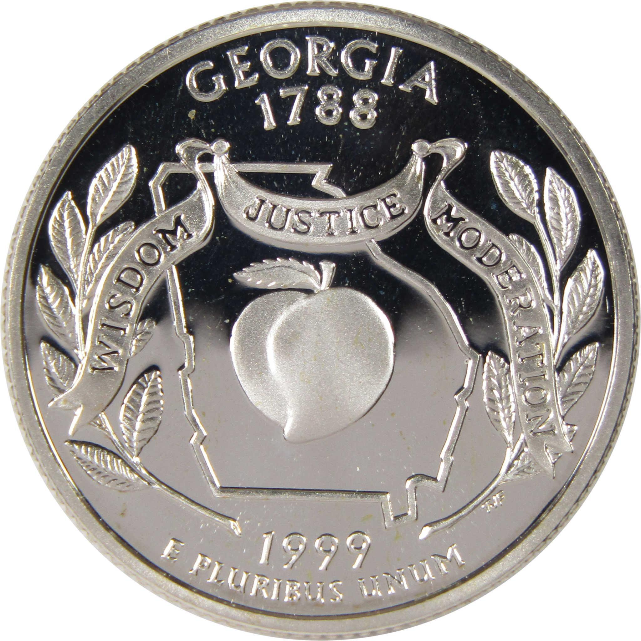 Georgia state quarter coin 1999 featuring peach, state outline, and banner with virtues.