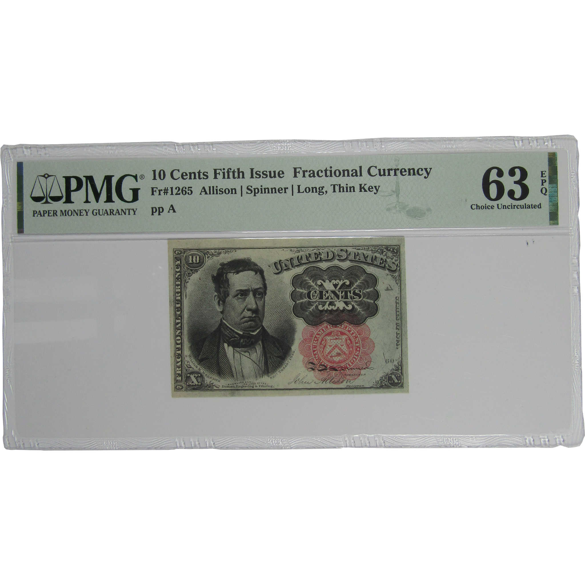 10c Fractional Note Fifth Issue Fr 1265 Choice Uncirculated 63 EPQ PMG