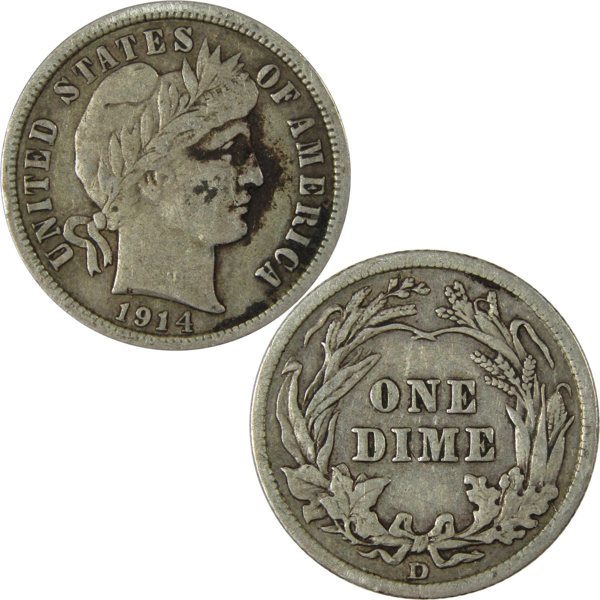 1914 D Barber Silver Dime VF Very Fine 10c Coin Collectible SKU:CP998