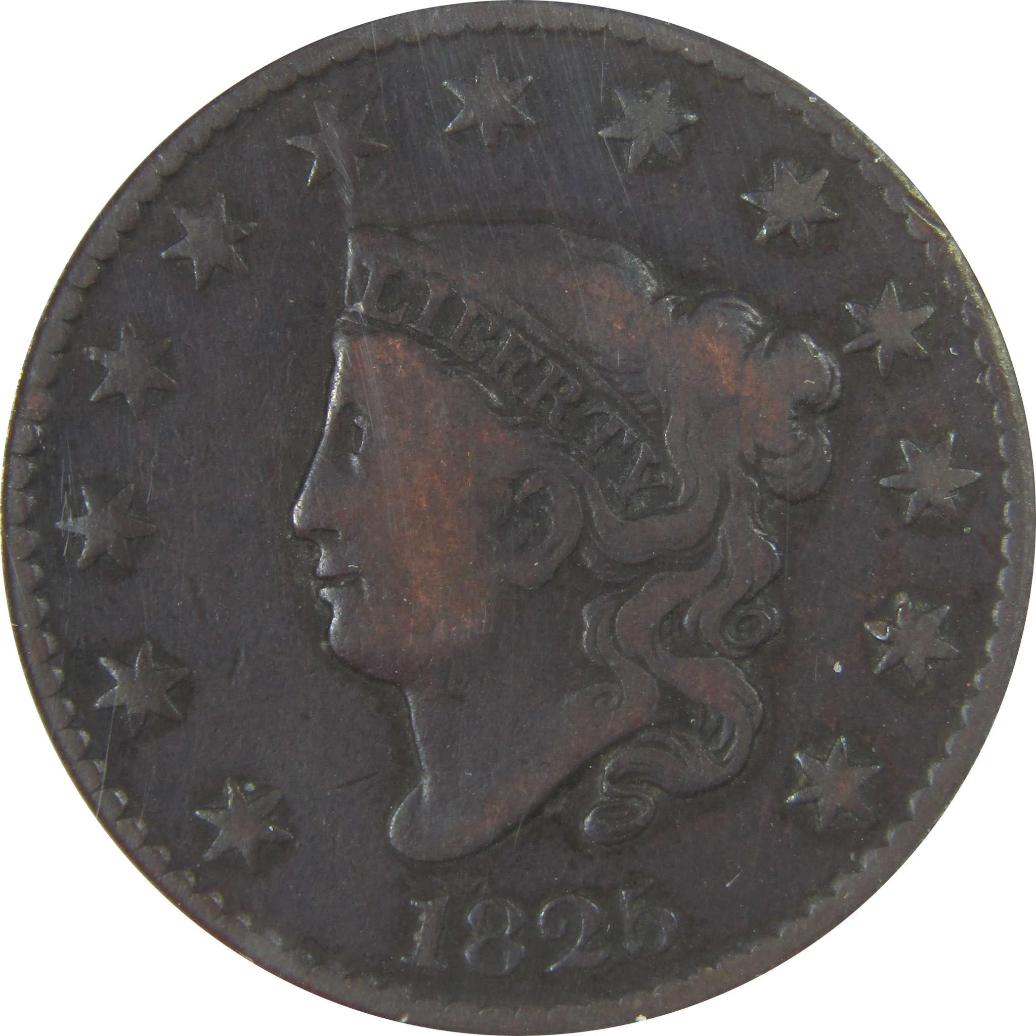 1825 Coronet Head Large Cent VG 10 ANACS Copper Penny SKU:CPC1176