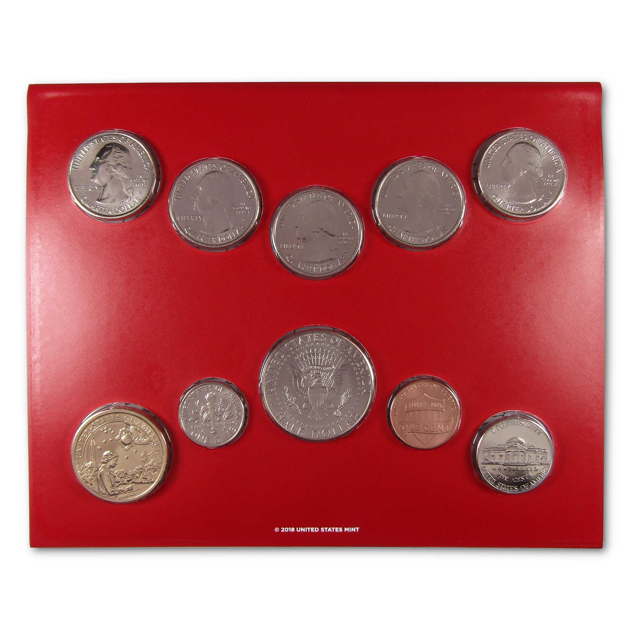 2018 United States Mint uncirculated coin set with ten coins displayed on red background