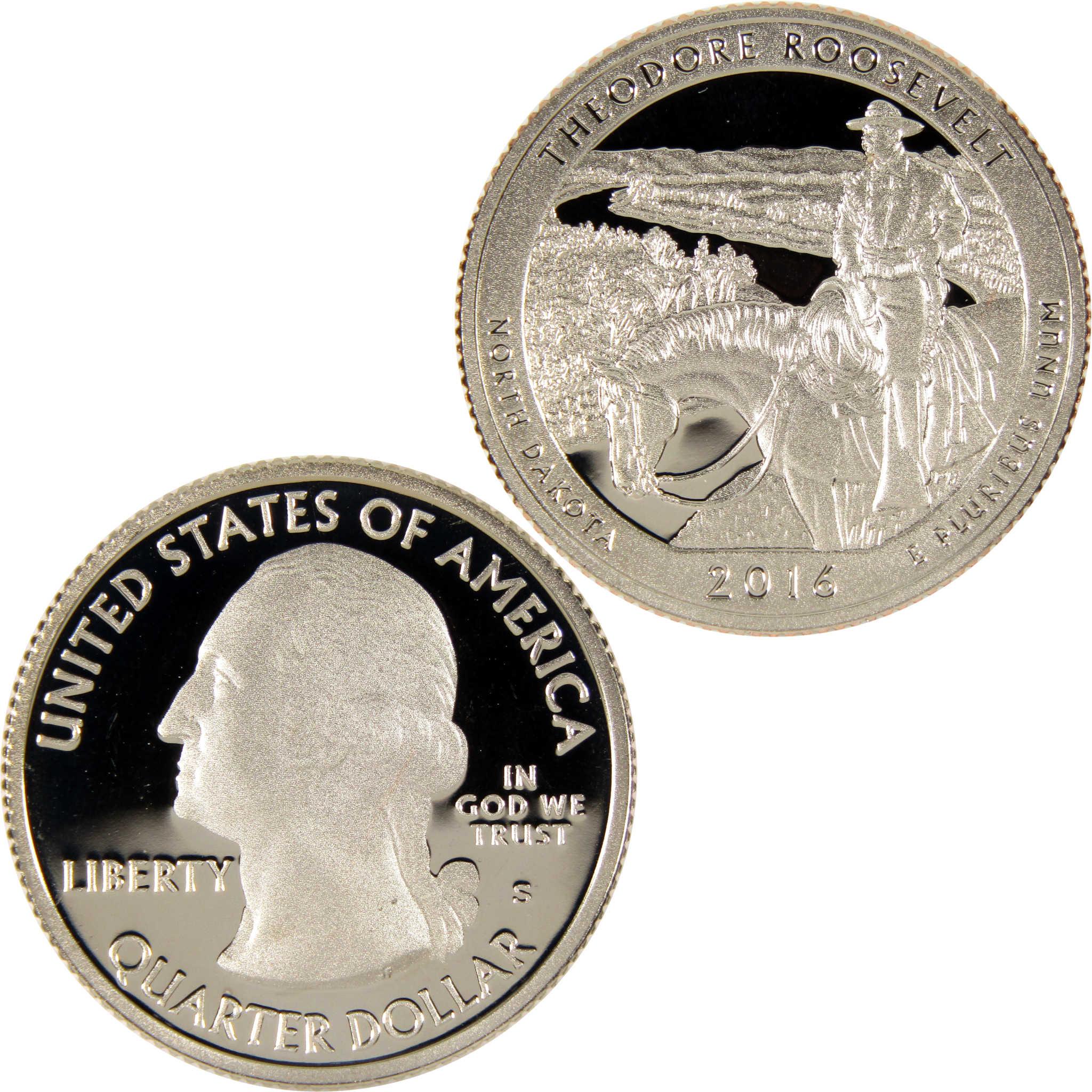 2016 Theodore Roosevelt North Dakota collectible quarter dollar coin, front and back view