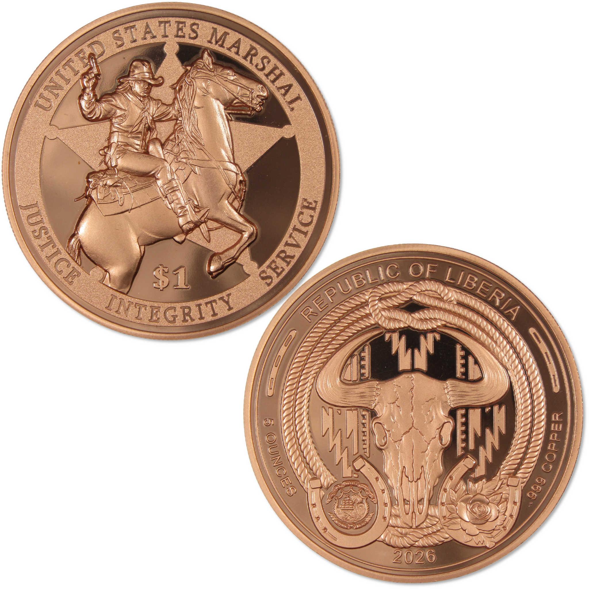 2026 Liberia 5 oz Copper United States Marshal $1 BU Uncirculated