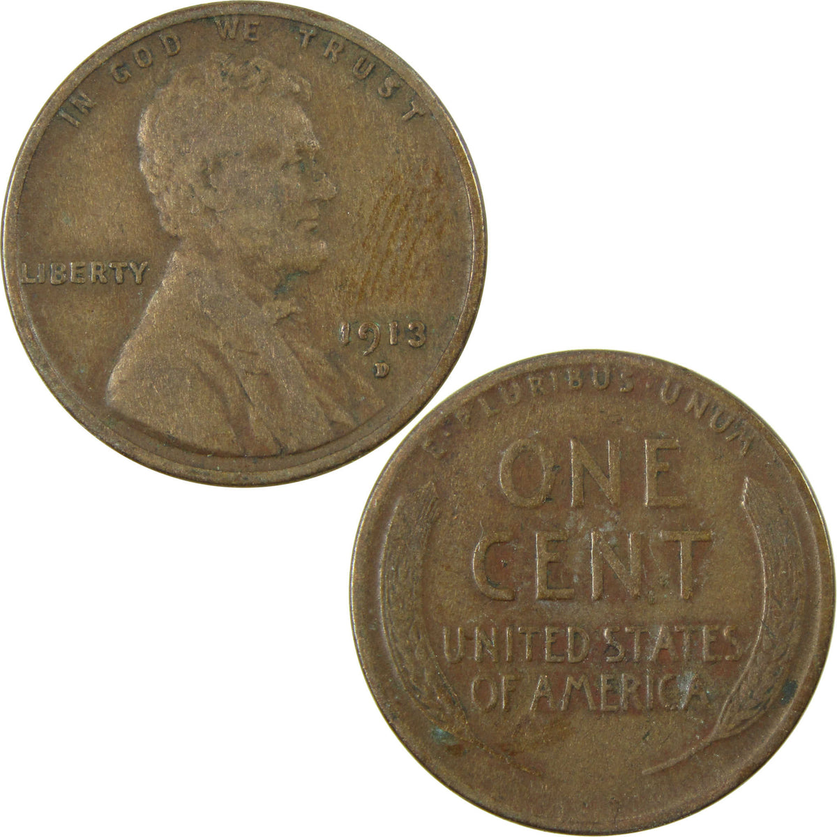 1913 D Lincoln Wheat Cent F Fine Details Penny 1c Coin SKU:I28151