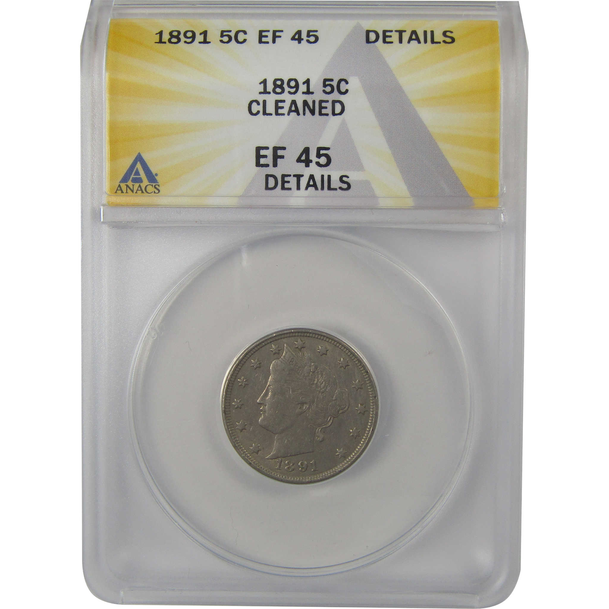 1891 Liberty Head V Nickel EF 45 Details ANACS 5c Coin SKU:I22313