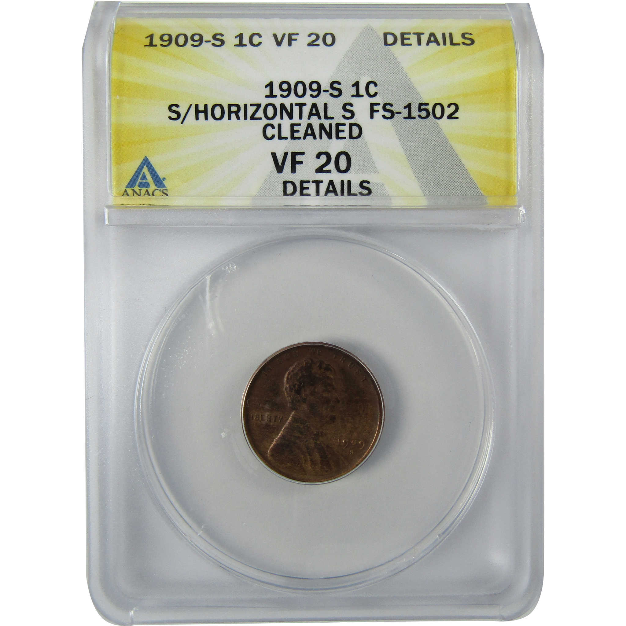 1909 S/Horizontal S FS-1502 Lincoln Cent VF 20 Details ANACS SKU:CP756