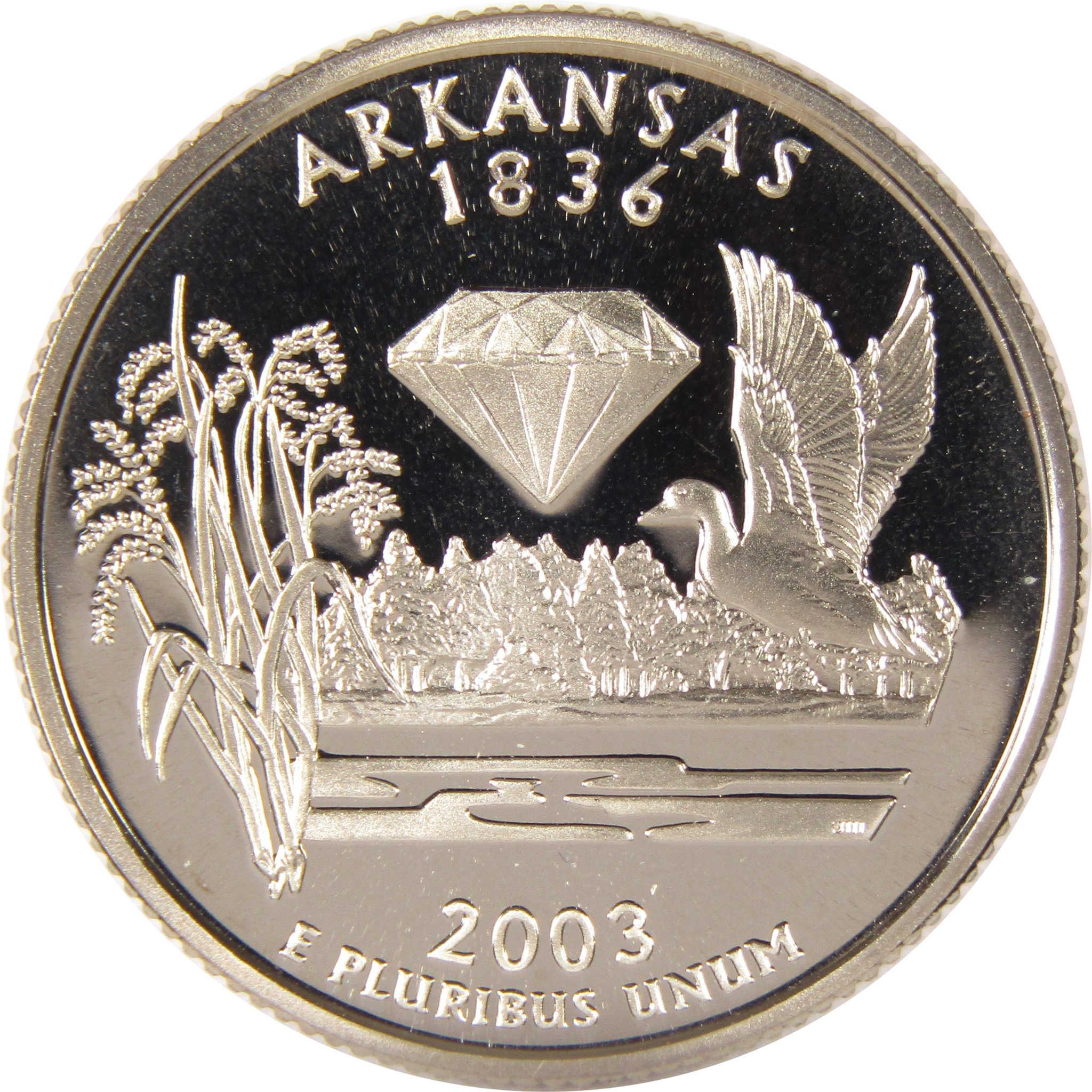 2003 Arkansas state quarter featuring diamond, goose, and rice stalks design