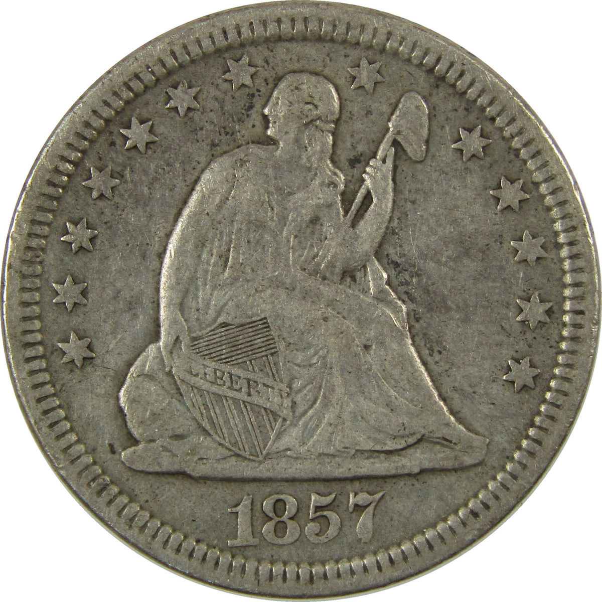 1857 Seated Liberty Silver Quarter VF Very Fine 25c Coin SKU:CP1706