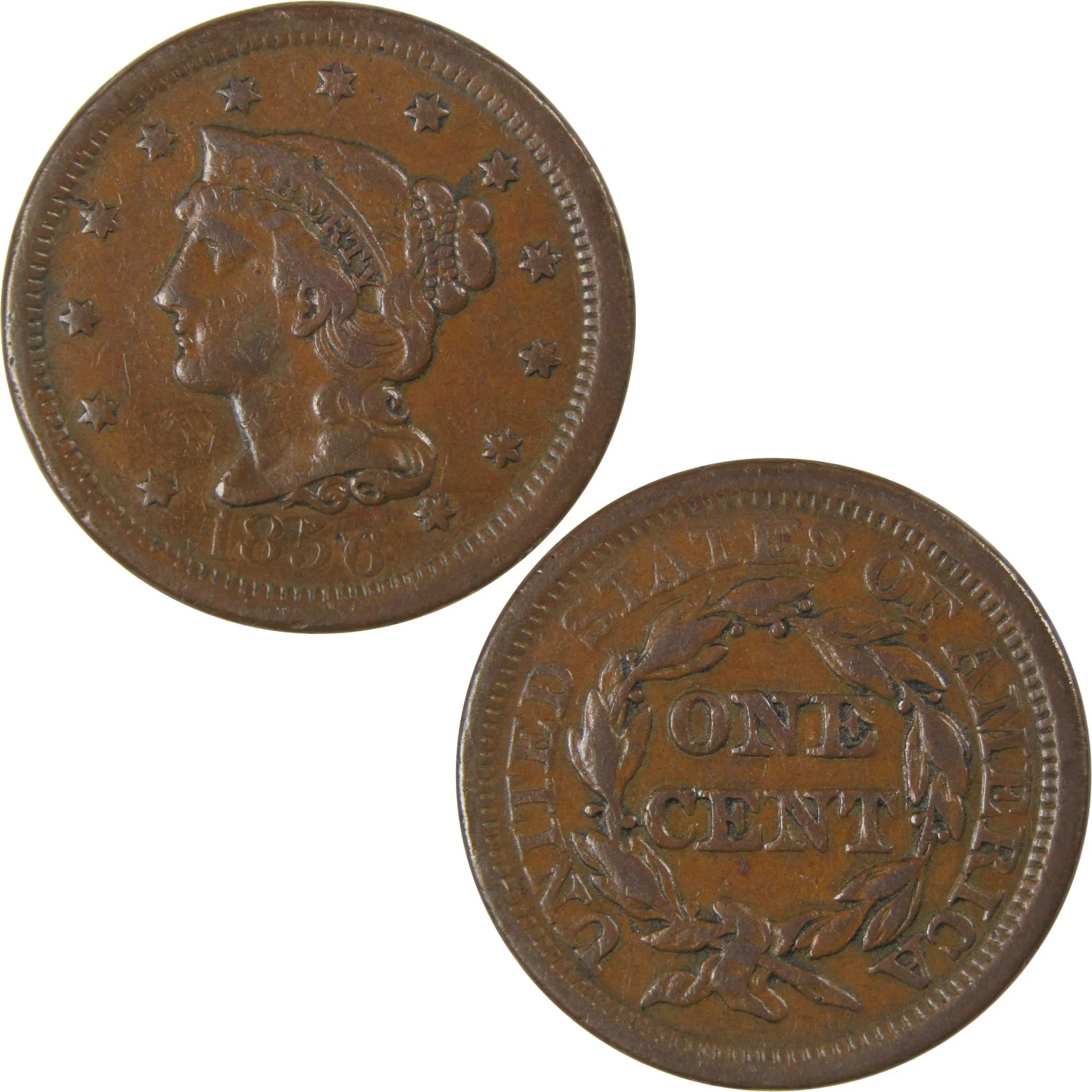 1856 Upright 5 Braided Hair Copper Large Cent VF Penny SKU:I23979