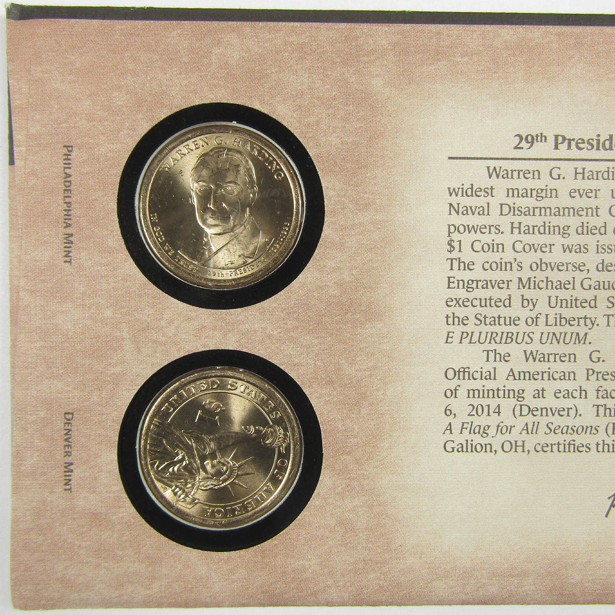 2014 Warren G. Harding American Presidency $1 Coin Cover SKU:CPC9870