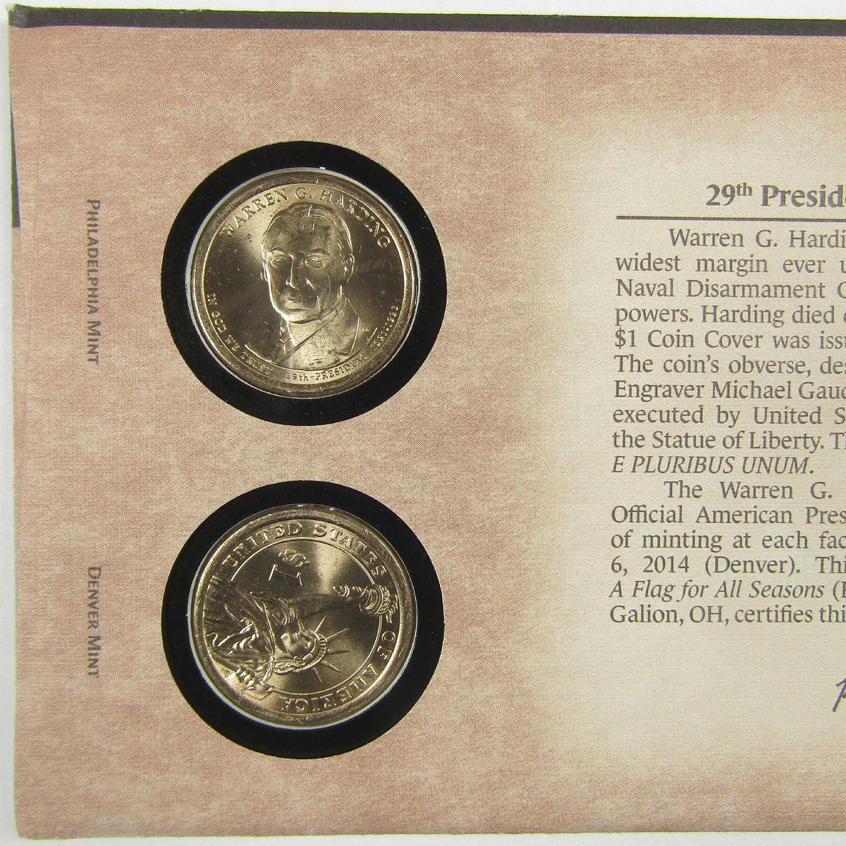2014 Warren G. Harding American Presidency $1 Coin Cover SKU:CPC9870
