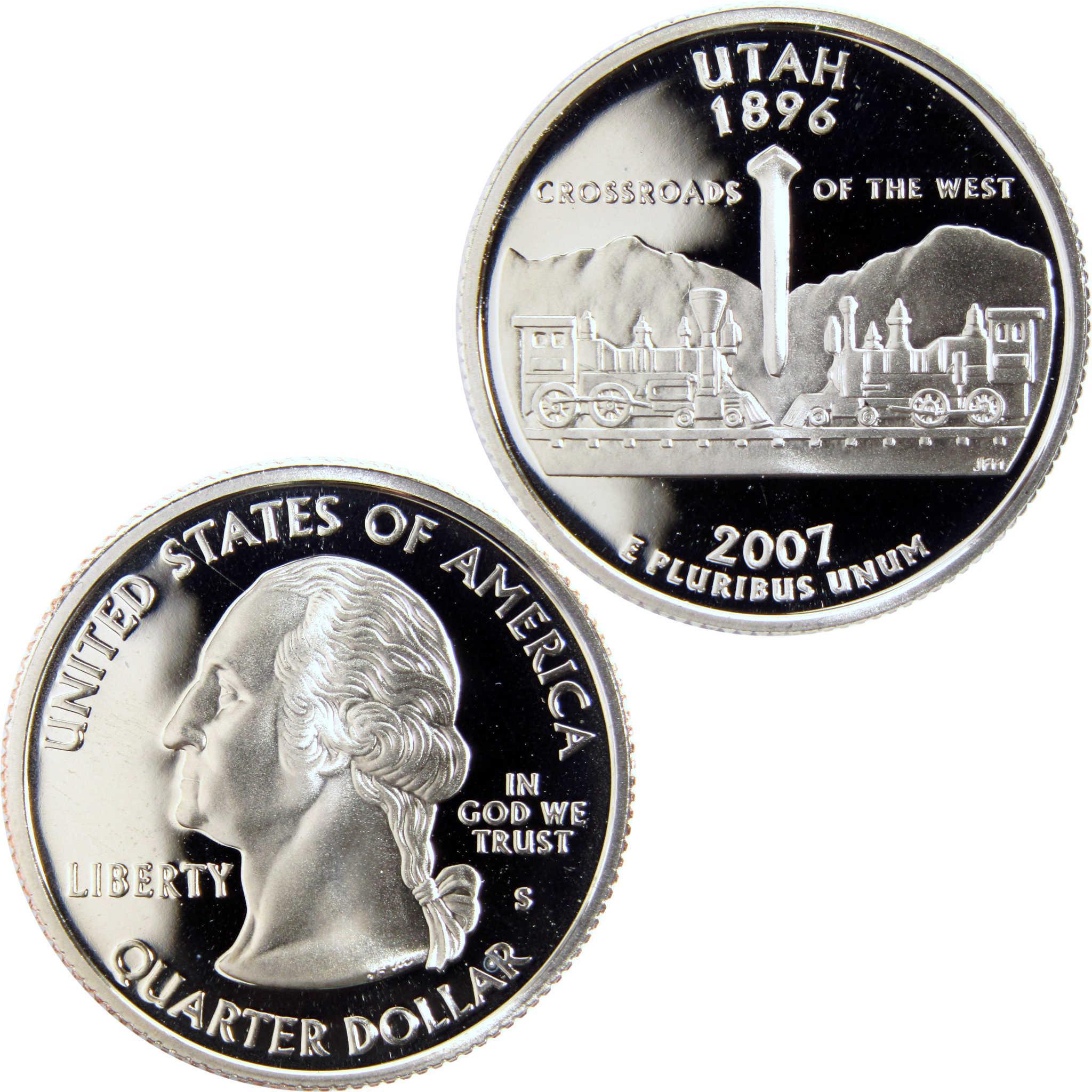 2007 Utah state quarter collectible coin with train and mountain design