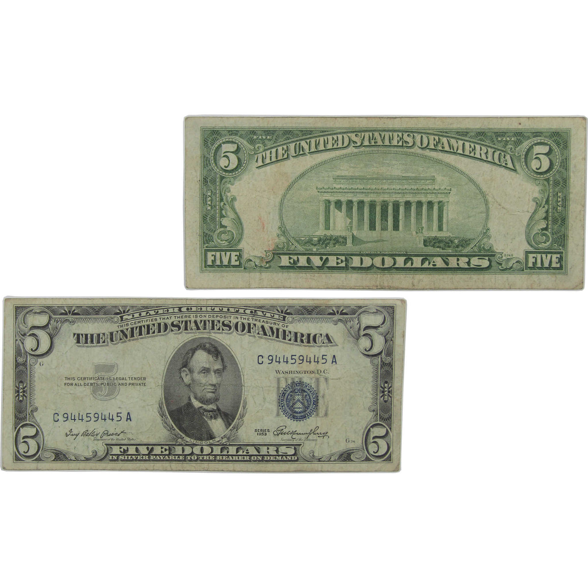 1953 $5 Small Size Silver Certificate Repeater Note VG Very Good